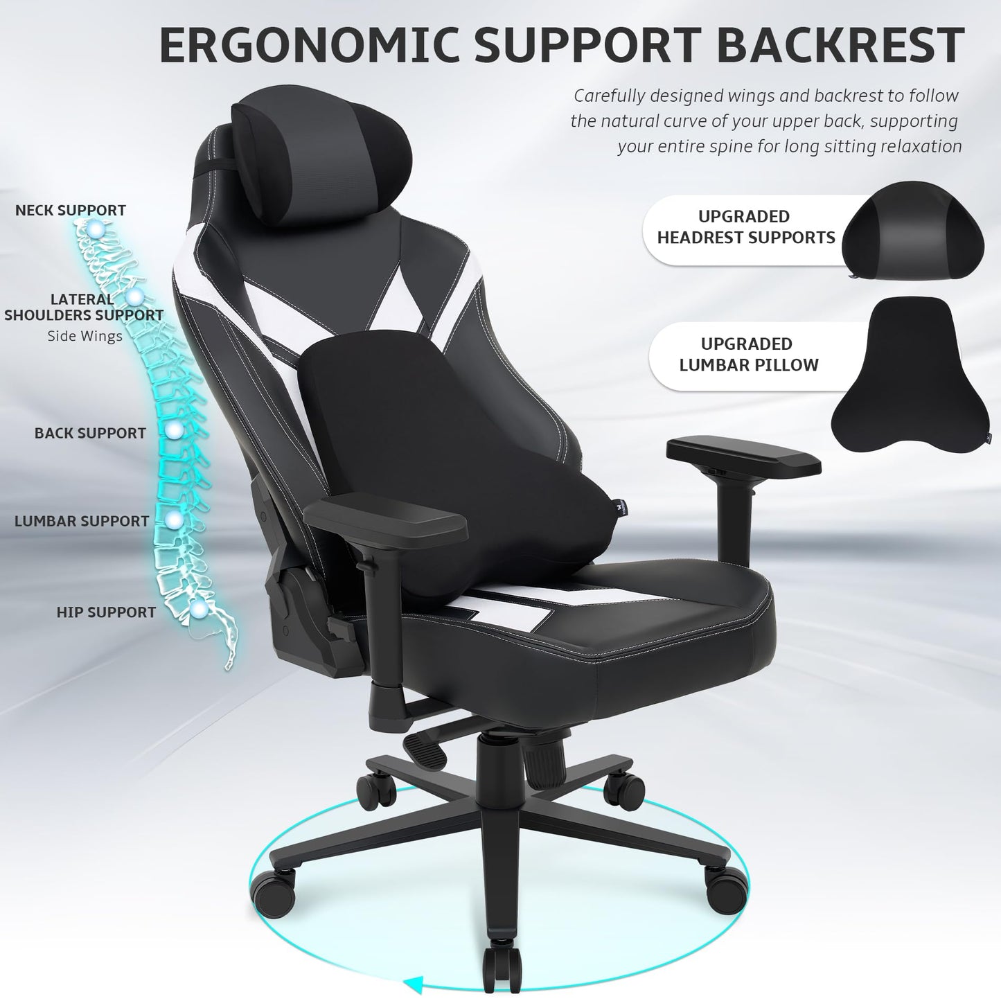 Ergonomic Gaming Chair, Wyrdforging Computer Desk Chairs, 4D Armrests, High Back Office Chair With Headrest & Lumbar Pillow, Tilt Rocker Recliner, Heavy-Duty Base, Black PU Leather & White Suede Combo