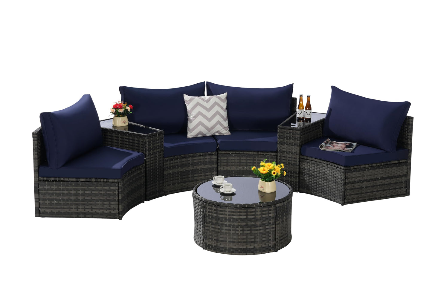 KEIKI 7-Piece Half-Moon Outdoor Patio Furniture Set, Rattan Patio Conversation Set with Coffee Table & 2 Sofa Side Table & 4 Curved Armless Sofa, Wicker Curved Sectional Sofa Set, for Backyard, Blue