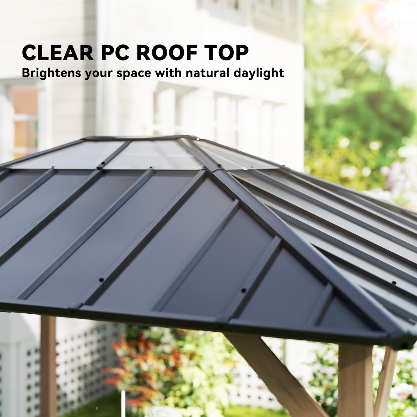 Outsunny 10' x 12' Hardtop Gazebo with Galvanized Steel Roof, Wood Permanent Pavilion Canopy Shelter with Clear Roof Top, UPF50+ Protection, Ceiling Hooks for Lawn, Backyard, Deck, Light Walnut