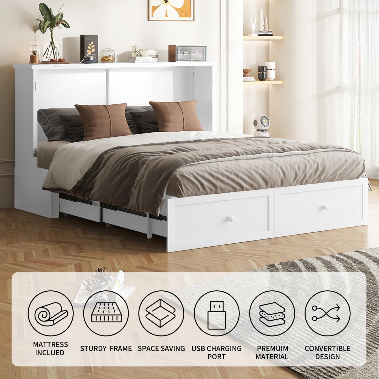 PUREMIND Queen Murphy Bed with Mattress Included, Murphy Bed Cabinet with Storage Drawer, Charging Station, Headboard, Space Saving Wall Beds for Guest Room