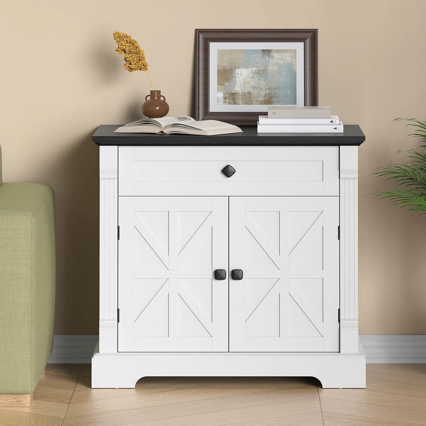 Bigbiglife 29.9" Large Printer Stand, Home Office Printer Cabinet with Drawer & Barn Doors, Wood Accent Cabinet Nightstand End Table for Living Room Bedroom, Black Top & White Finish