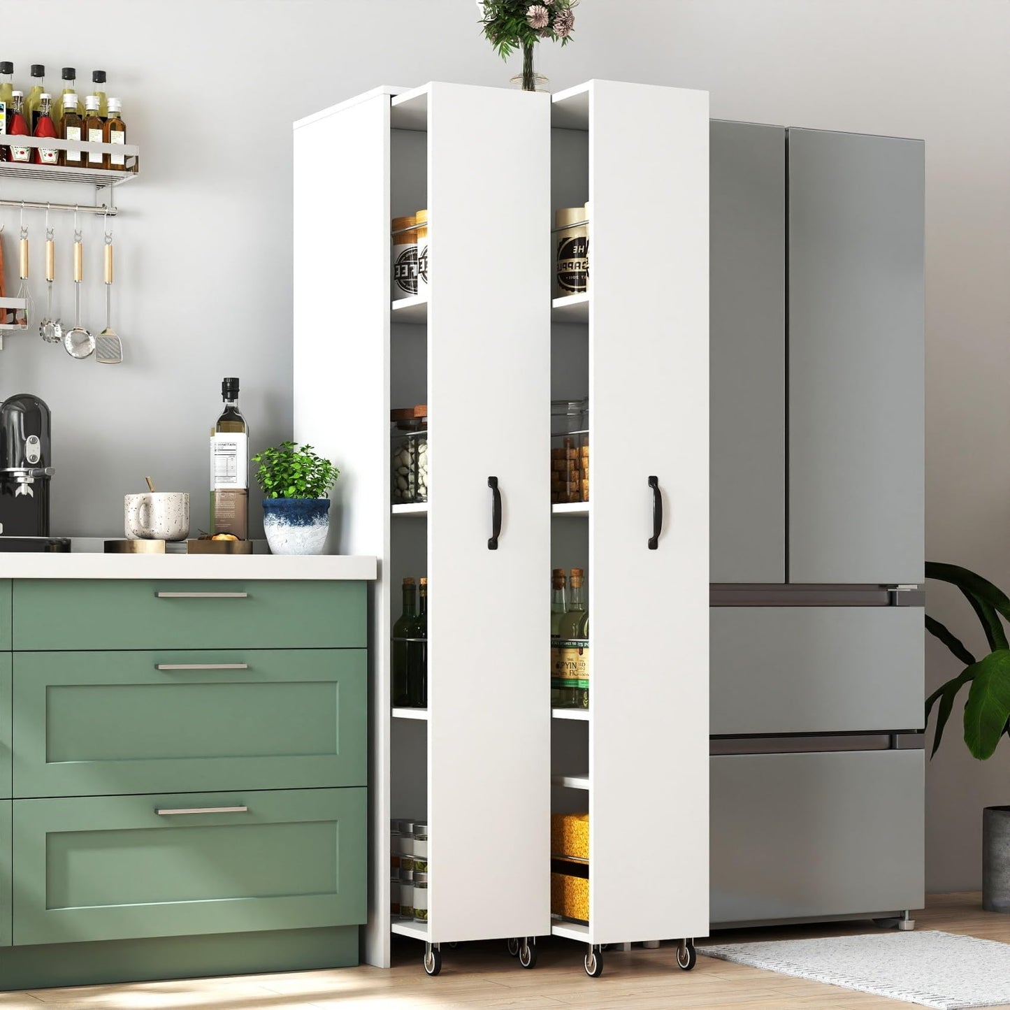 KEIKI Pull-Out Kitchen Pantry Storage Cabinet with Multi-Tier Shelf & Wheels, Spice Rack Next to Fridge, Freestanding Wood Bookcase Hutch Food Pantries Cupboard for Dining Room, Narrow Spaces, Office