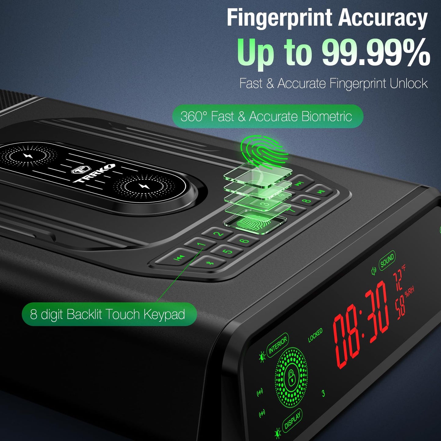 TRRKO Biometric Gun Safe with Built-in Speaker, High-Accuracy & Fast-Response Fingerprint, Wireless Charging Station, Fully Auto-Open Drawer, Fits 2 Pistols, Bedside Handgun Safe for Nightstand