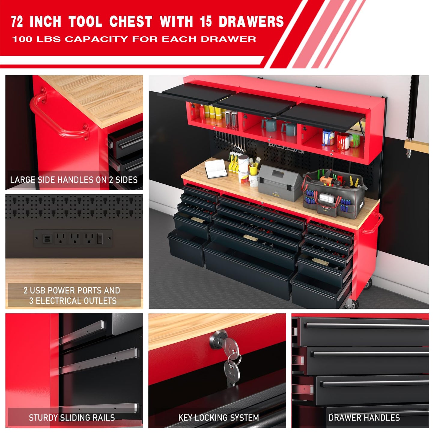 LARBANKE 72" Rolling Tool Chest with 15 Drawers - Heavy Duty Garage Workbench with Power Strip & Pegboard - 18" Deep 1.2" Thick Solid Wood Top, Lockable Tool Storage Cabinet for Professional Mechanic