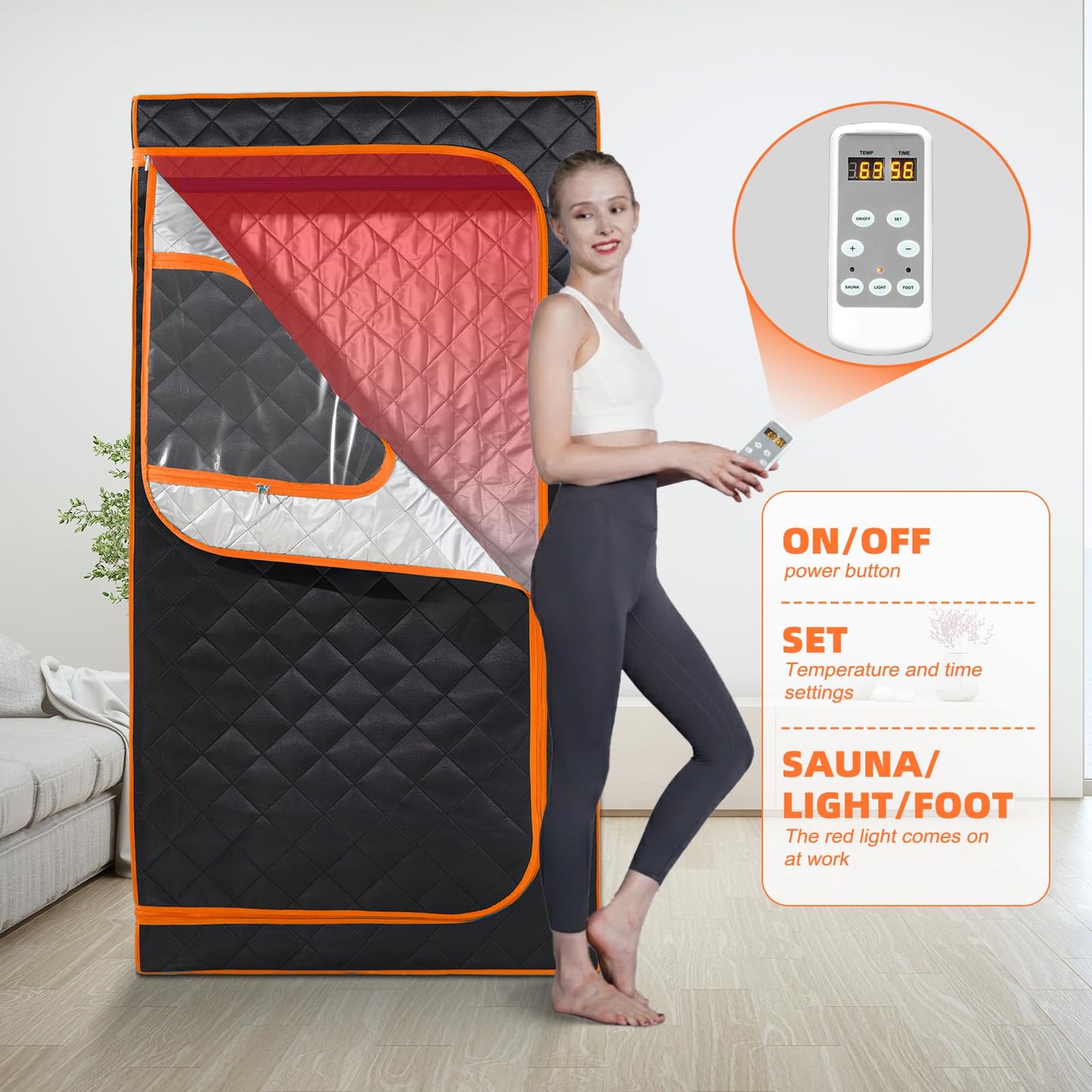 Smartmak Portable Infrared Sauna,1 Person Infrared Sauna Box with 660nm Red Light Therapy, Full Size Sauna Tent for Home, Foot Heating Pad, Folding Chair (Orange-1Person)