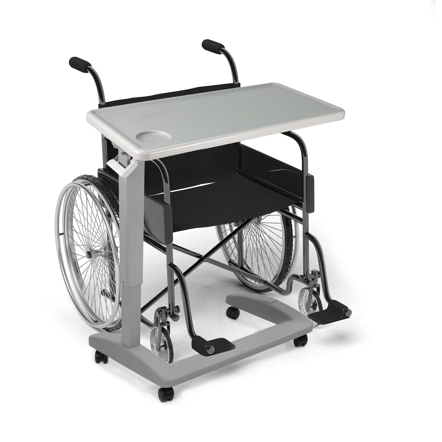 Vaunn Medical Pneumatic Adjustable Overbed Exam Bedside Table with Wheels (Hospital and Home Use), New Tabletop, Light Gray