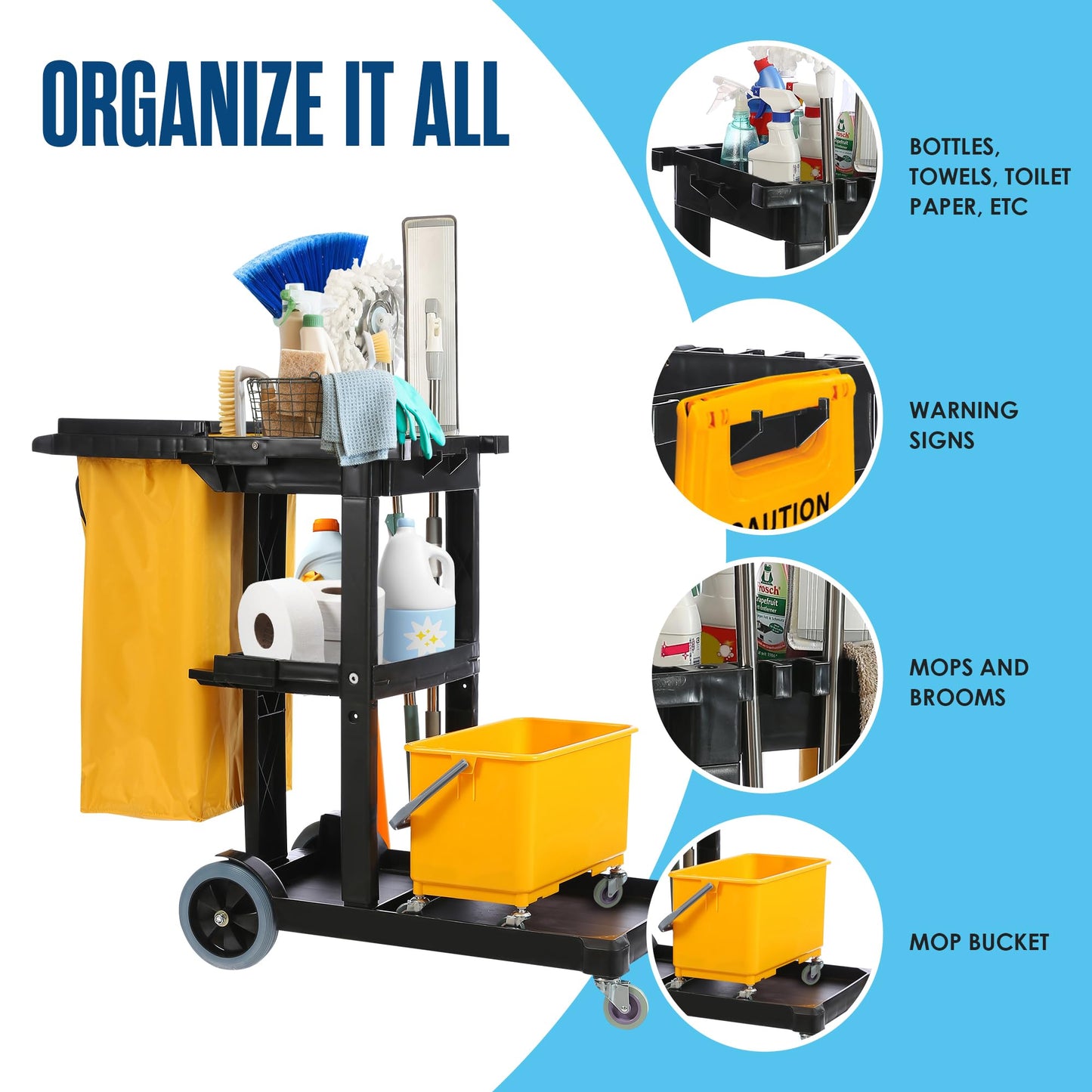 Houseables Cleaning Cart, Janitorial Cart, Cleaning Caddy with Wheels, for Housekeeping, Janitor, Custodian, House Keeping, Maintenance, Rolling Supply Organizer, Custodial, Maid, Commercial, 440 LB