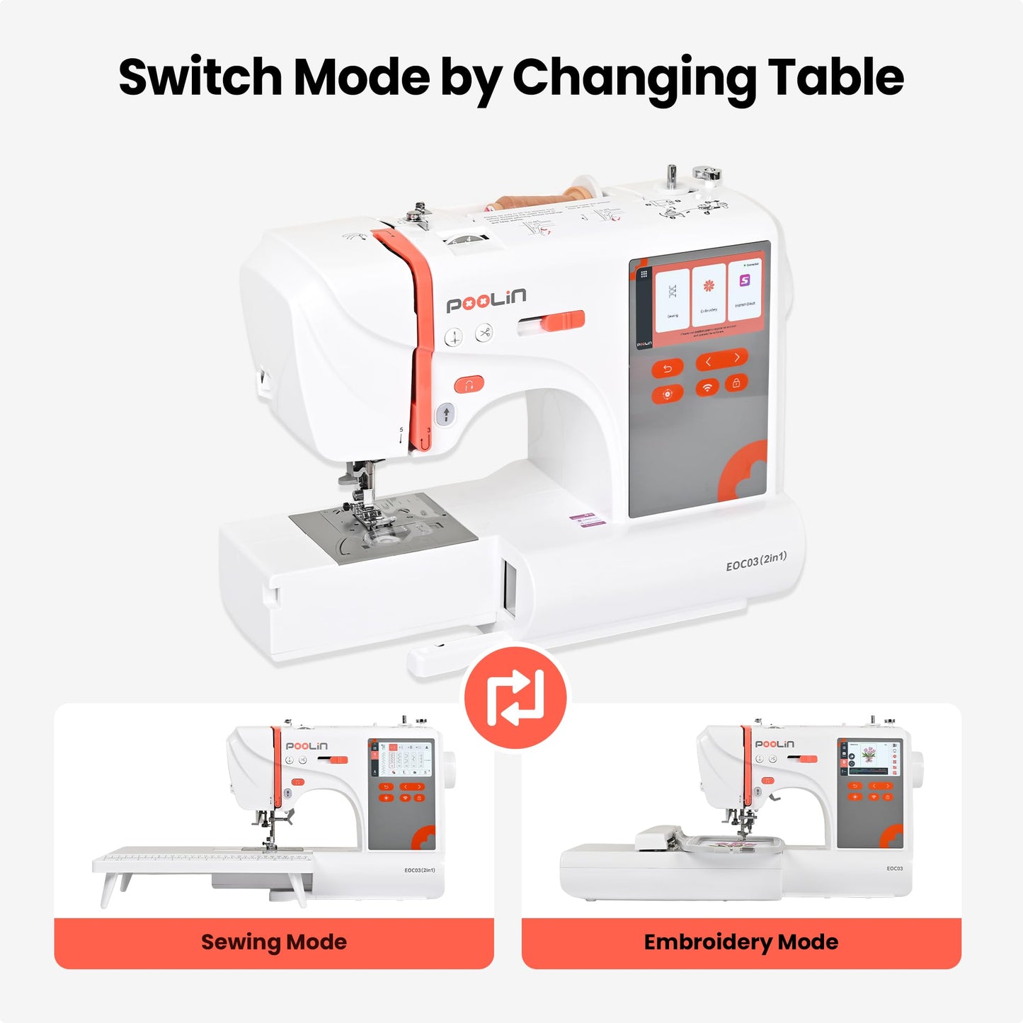 PooLin EOC03(2in1) Sewing and Embroidery Machine 4"x4" & 4"x9.25" Embroidery Size, 130 Built-in Designs 207 Sewing Stitches, 4.3" Touch Screen with WiFi Transfer, Includes Full Kits 1-on-1 Training