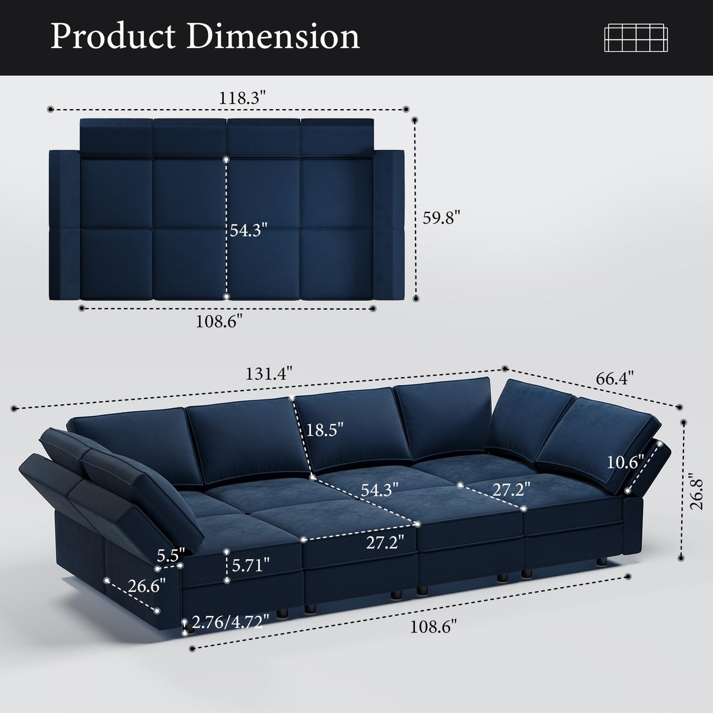 Vesgantti Sectional Sleeper Sofas with Storage, 118" Sofa Bed with 8 Seats Storage Chaises Removable Cover, Deep Seat Modular Couches Velvet Couch Set for Living Room, Apartment, Home Theater, Blue