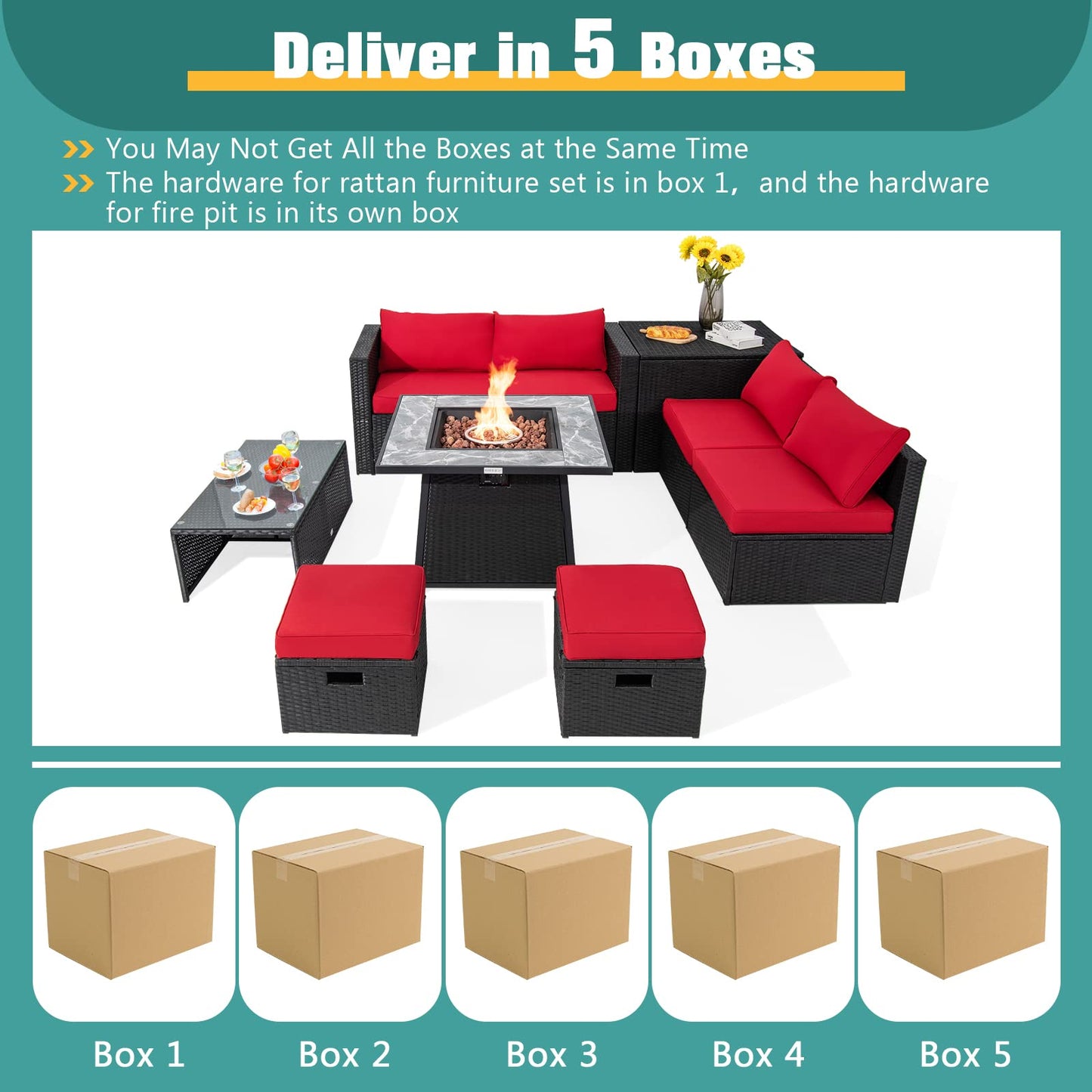 Tangkula 9 Pieces Outdoor Patio Furniture Set with 35-Inch Propane Fire Pit Table, Outdoor PE Wicker Sectional Sofa Set with Storage Box and Cushions, 50,000 BTU Gas Fire Pit Table (Red)