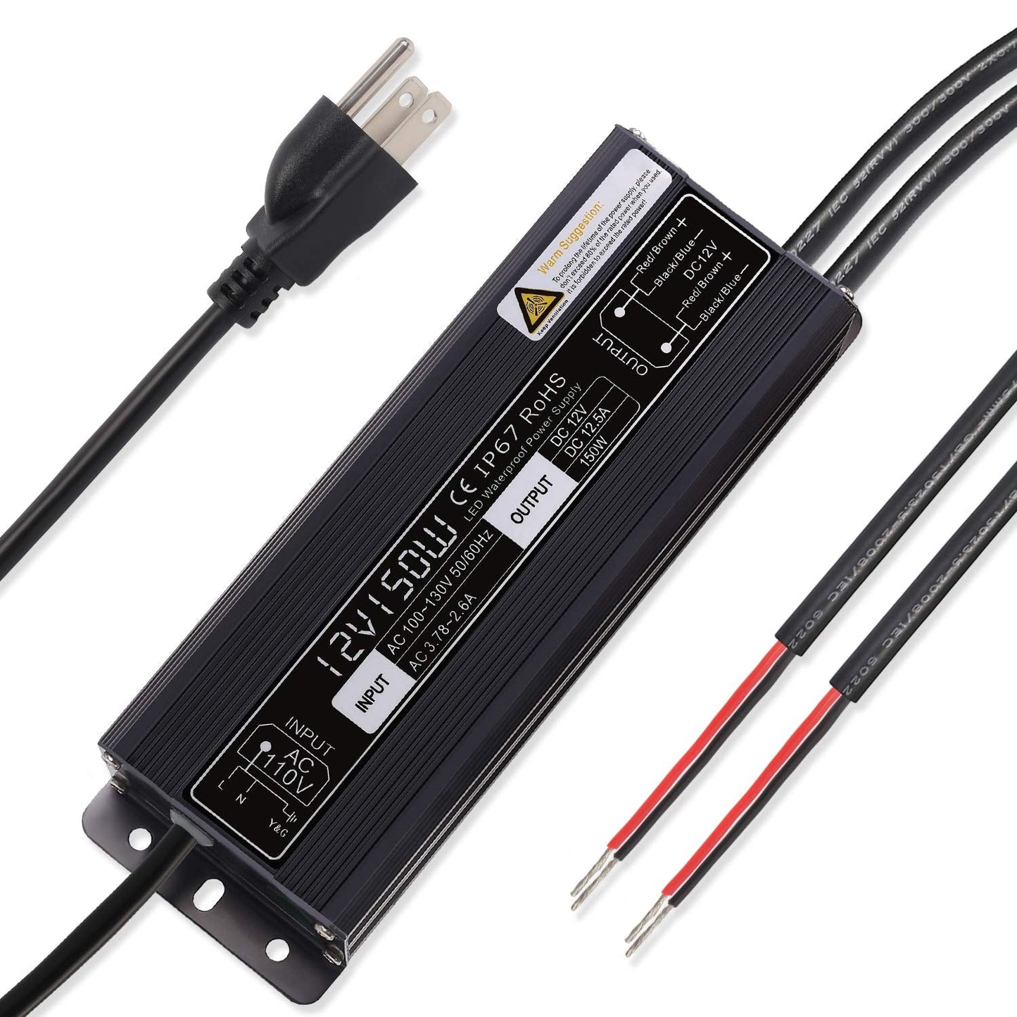 SUNVIE 150W LED Driver Waterproof IP67 Power Supply, 120V to 12V Transformer, Black, Model c5d22975-9092-4a3c-befd