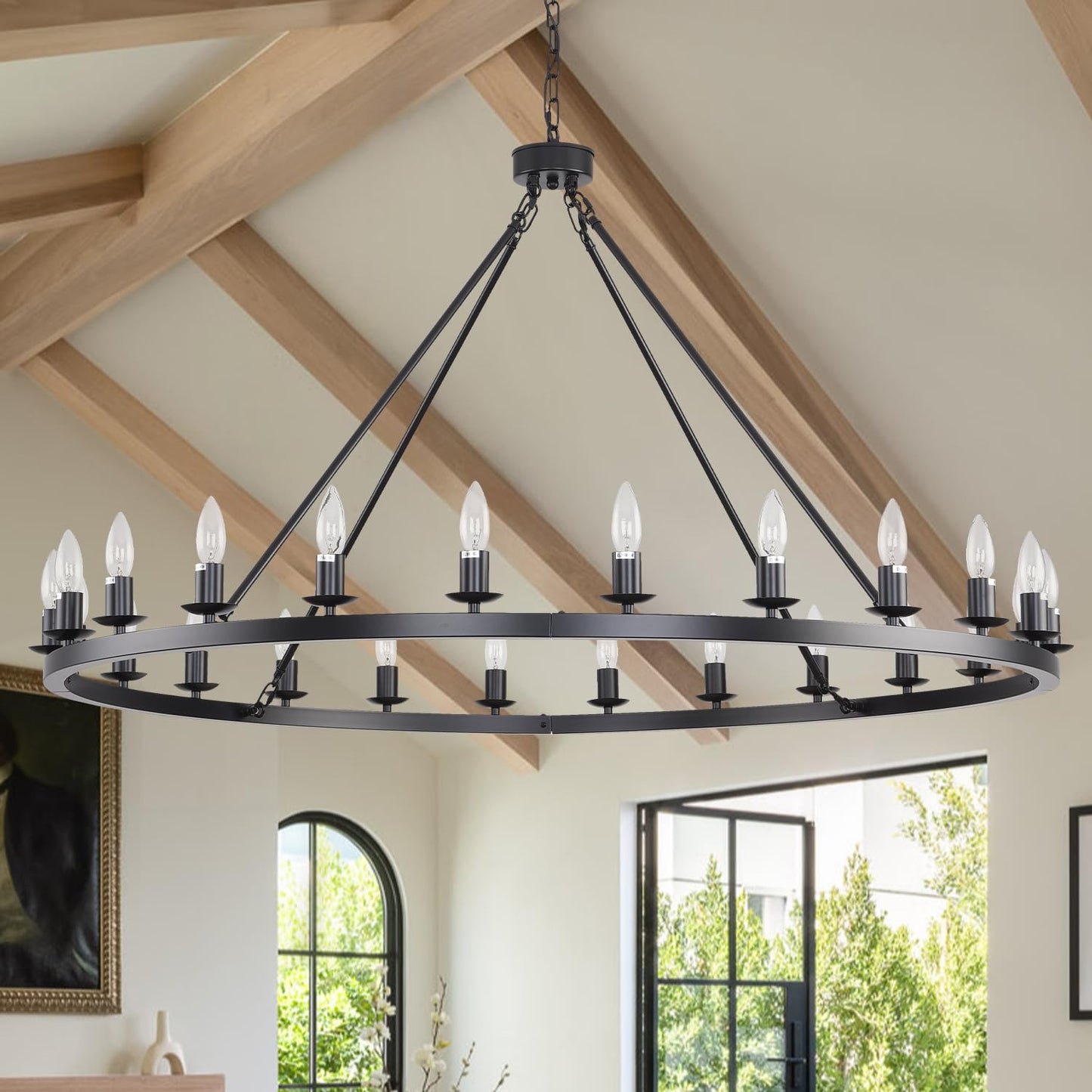 JKLX 48 Inch Black Large Wagon Wheel Chandelier, 24-Lights Farmhouse Industrial Round High Ceiling Light Fixture Adjustable Chain for Outdoor Porch,Foyer,Dining Room, Living Room
