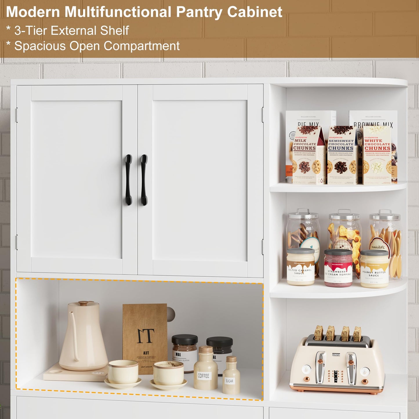 BOTLOG 67" Kitchen Pantry Cabinet, Modern Kitchen Hutch with 5 Doors and 2 Drawers, 3-Tier External Shelf, Large Pantry Storage Cabinet with Microwave Stand for Dining Room (White)
