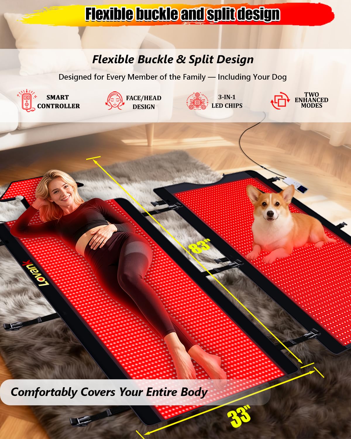 Lovank Red Light Therapy Mat for Full Body Pain Relief, 83" × 33", Medical-Grade TPU Light Therapy Blanket with 2710 Dual-Wave LEDs (660nm & 850nm)