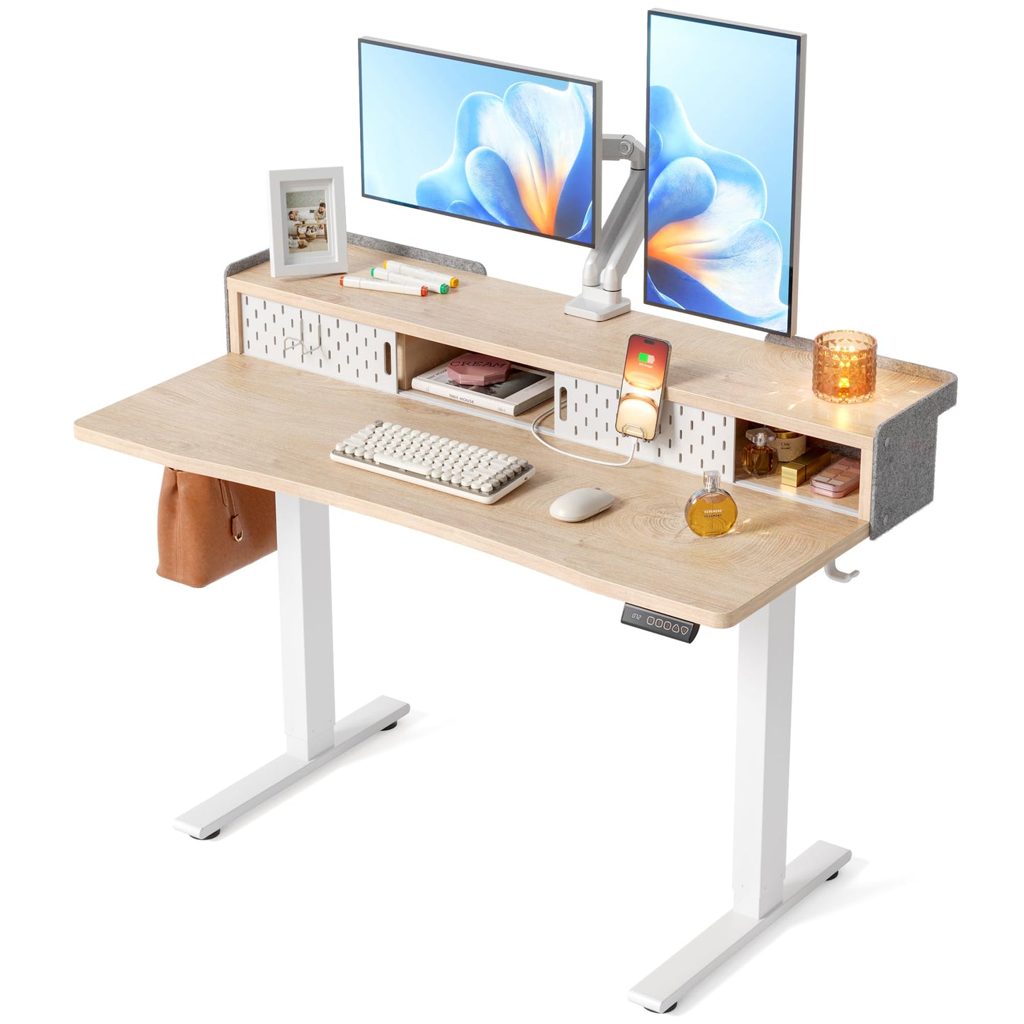 FEZIBO 48 X 24 Inch Standing Desk with Storage, Adjustable Height Sit Stand Desk with Sliding Pegboard Organizer, Felt Wall Bumper, Monitor Arm Compatible for Home Office Workstation, Maple