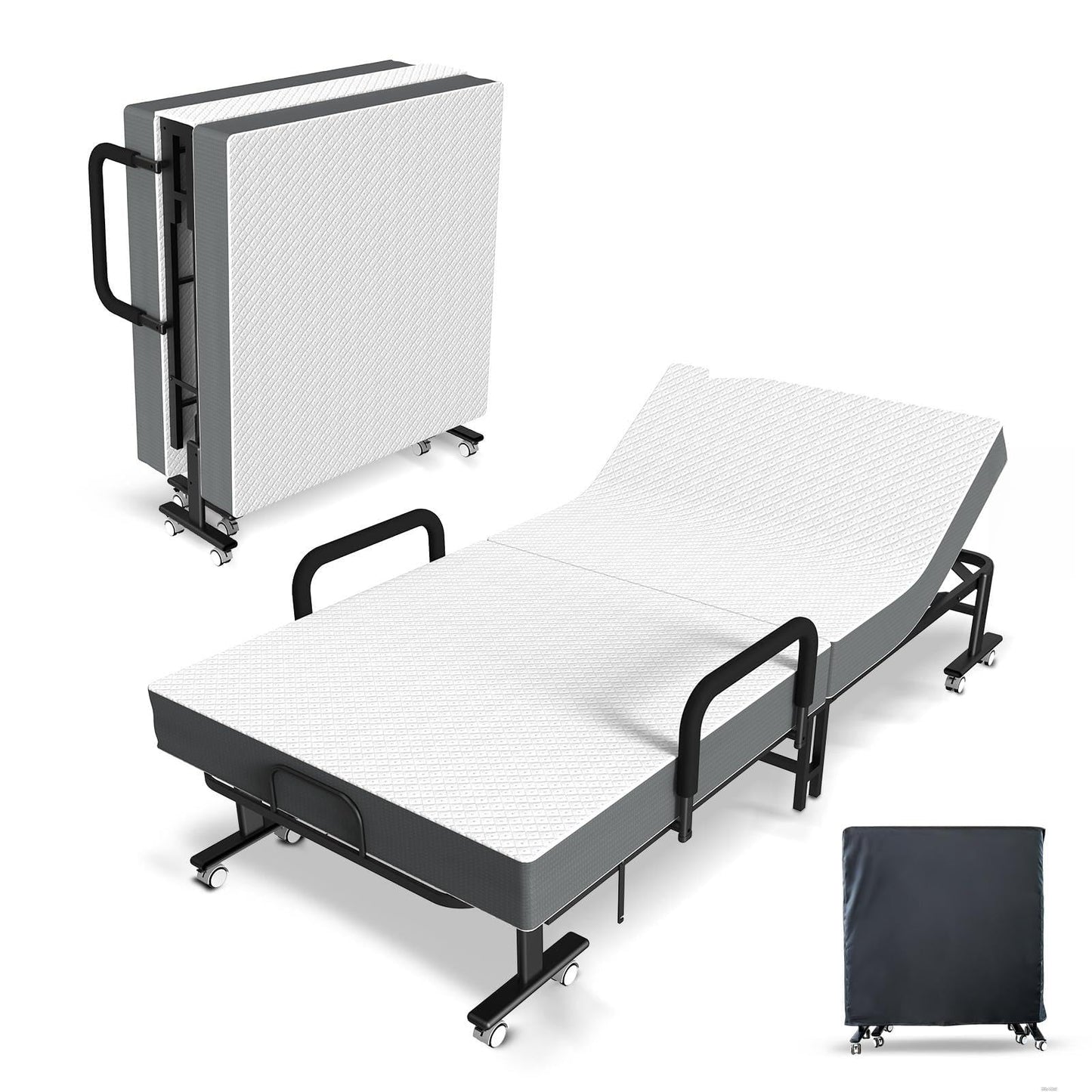 OSTYRA Folding Guest Bed with Mattress and 6 Position Adjustable Backrest for Adults, Metal Folding Trundle Bed, Office Nap, Lunch Break, Comes with Folding Bed for Convenient Storage