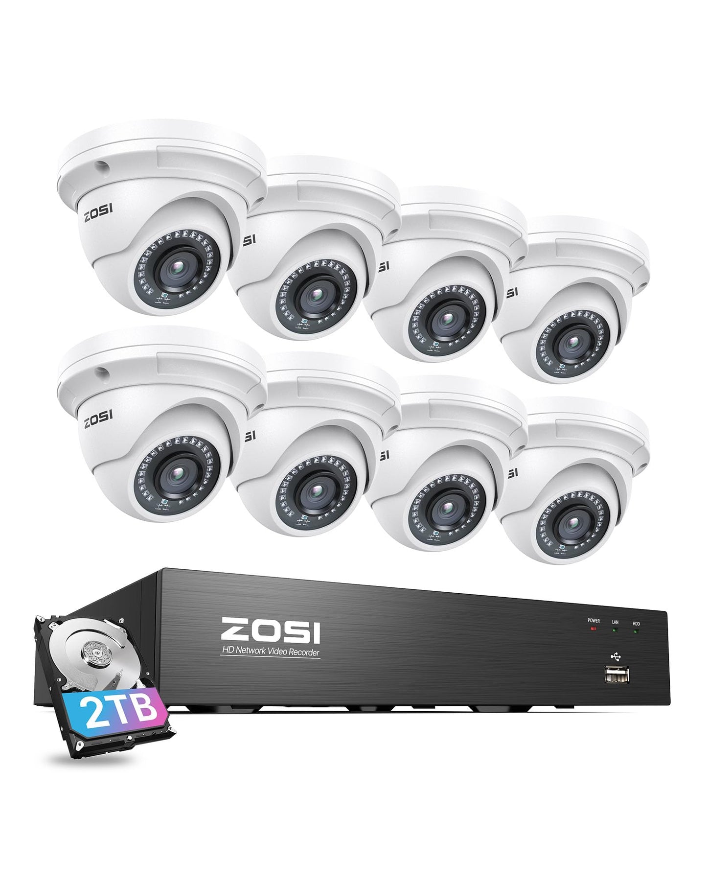 ZOSI 8CH 4K PoE Home Security System with 2TB HDD, 8pcs 3K 5MP Weatherproof Metal Outdoor Indoor PoE Cameras, Night Vision, Motion Detection, Remote Access, 8MP Surveillance NVR for 24/7 Recording