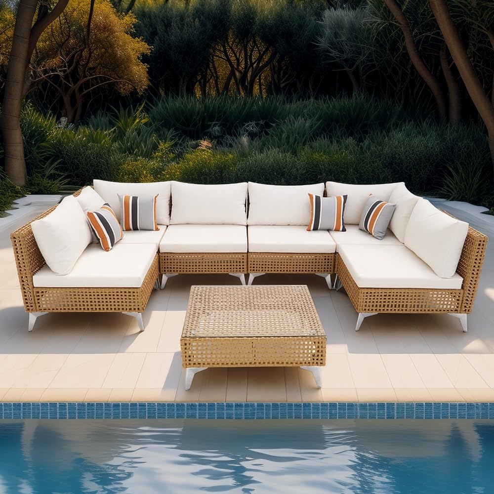 Merax 7 Piece Outdoor Patio Furniture Sets - 8-Seat PE Wicker Sectional Sofa w/Rattan Chaise Lounge & Thick Cushions, 29" Coffee Table w/Glass Top for Garden, Couch, Porch, Backyard Beige