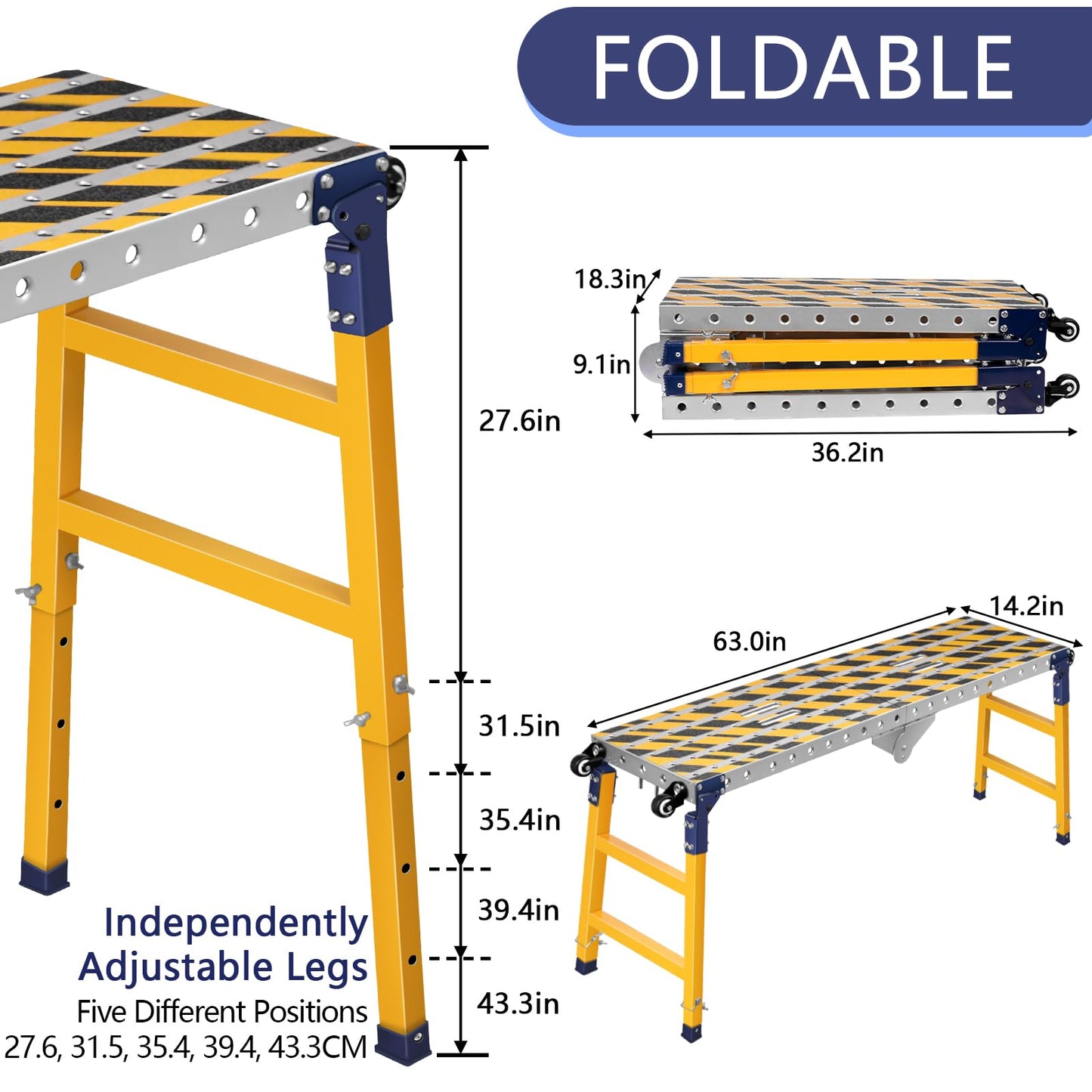 Versatile Portable Steel Work Bench with 4 Wheels 63×14 Inch
