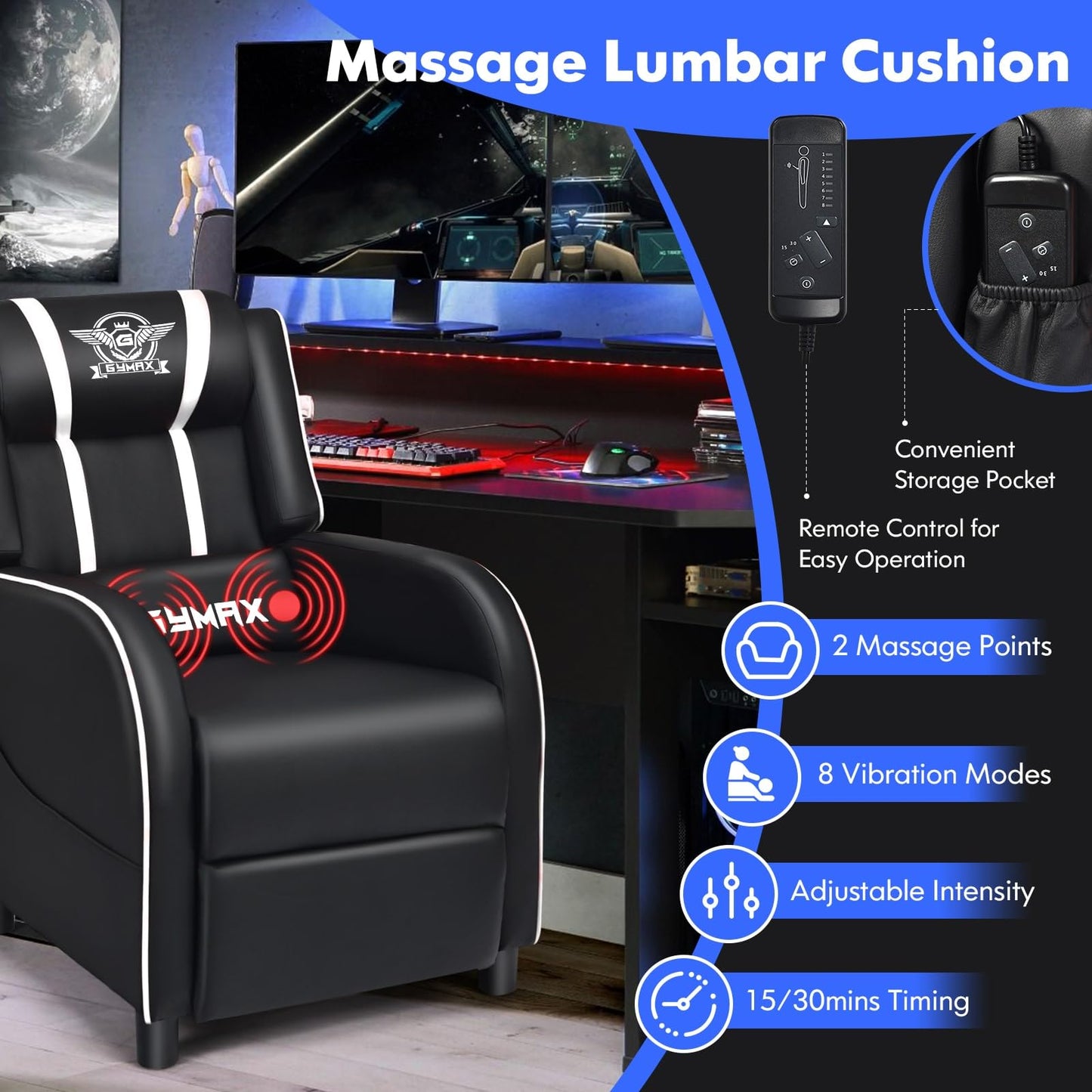 GYMAX Gaming Recliner, Massage Gaming Chair with Adjustable Backrest Footrest, Remote Control & Side Pocket, Ergonomic Game Lounge Chair, Racing Style Single Theater Seat Game Sofa for Adults (White)
