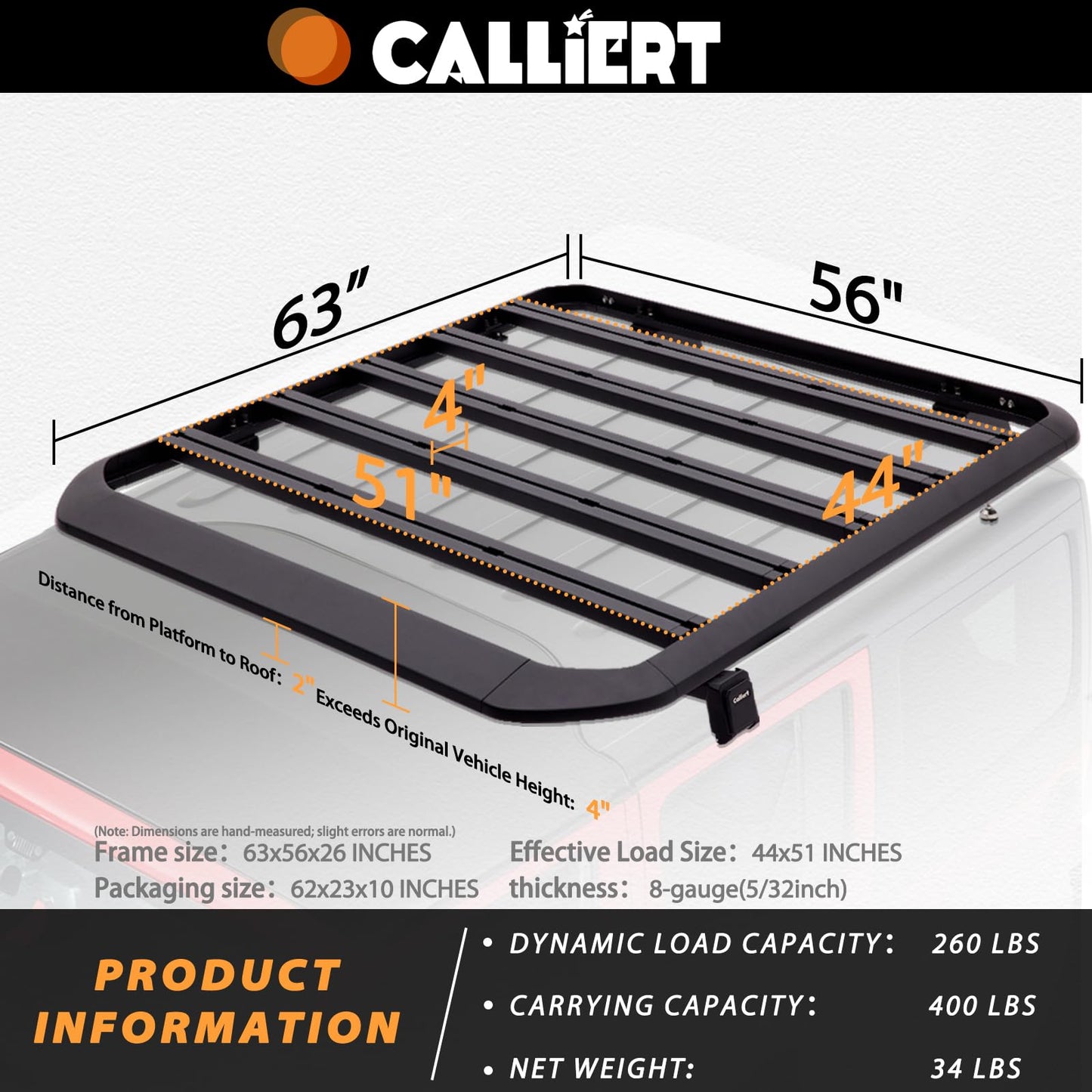 CALLIERT Half Roof Rack Aluminum Cargo Basket 400lb Capacity for 07-18 JK