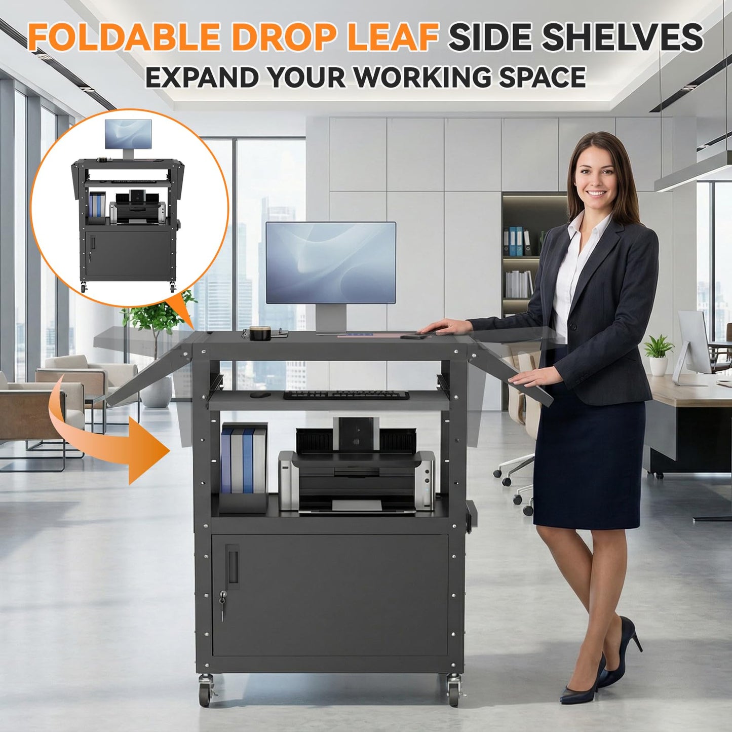 Mobile AV Cart with Drop Leaves & Adjustable Height, Rolling Computer Cart with Pullout Keyboard Tray – Locking Cabinet, 3 Outlets&2 USB Ports, Lock Brake Casters, Utility Cart for Office/Classroom
