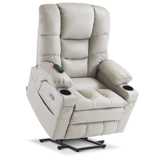 MCombo Triple Motor Power Lift Recliner Chair with Massage and Dual Heating, Adjustable Headrest for Tall Elderly People, Faux Leather 7634 (Light Grey, Large)