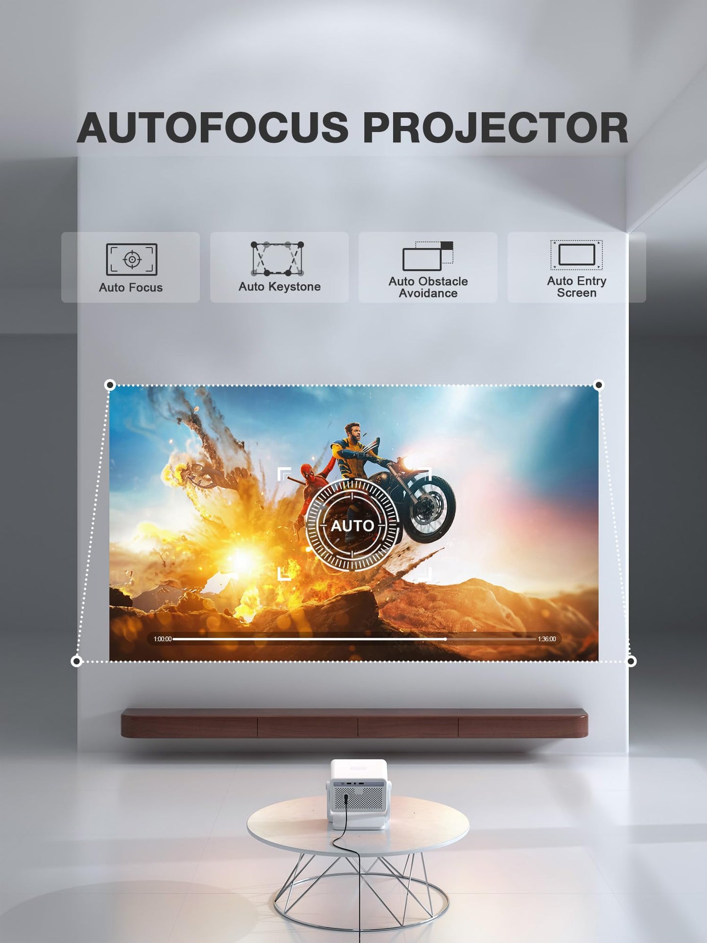 [Now with Netflix & 3000 ANSI] 4K Projector with WiFi and Bluetooth,TOF Real-Time Auto Focus Smart Projector, Upgrade for AuKing Overhead Projectors Theater Proyector with Omni-Adjustable(off white)