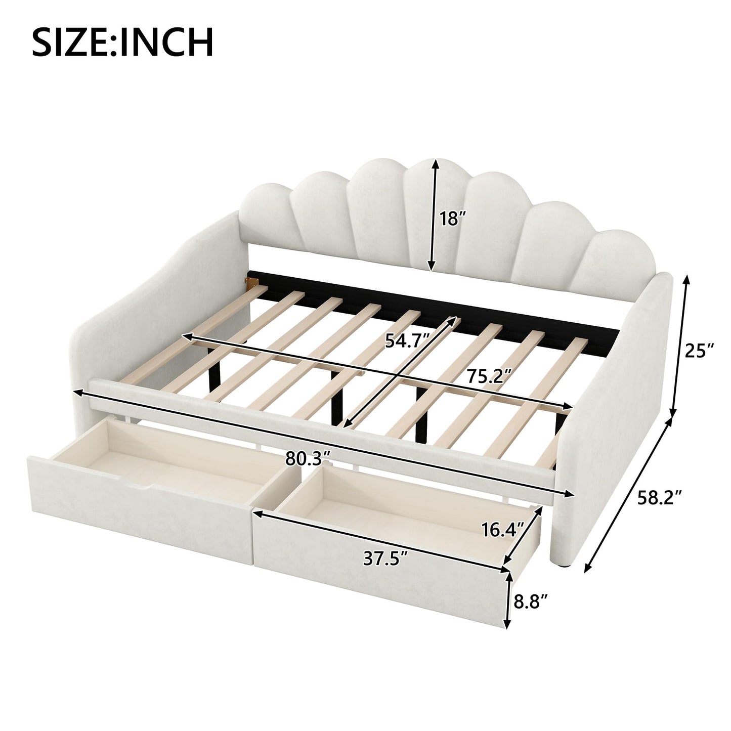 Merax Full Size Modern Upholstered Sofa Day Bed with Shall Shaped Backrest & Storage Drawers, Mutifunction Platform Bed with Wood Slat Support,Velvet Storage Bed Frame with Headboard/Twin, White