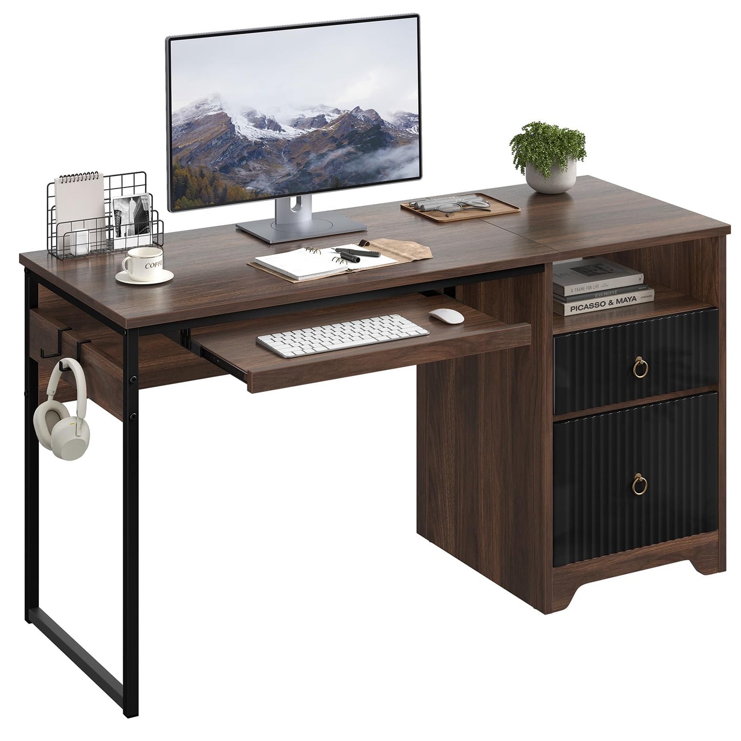 Bestier 55 Inch Computer Desk with Keyboard Tray, Modern Office Desk with Storage, Wood Writing Desk with File Drawer, Fluted Panel & 2 Hooks for Home Office & Studio, Cherry