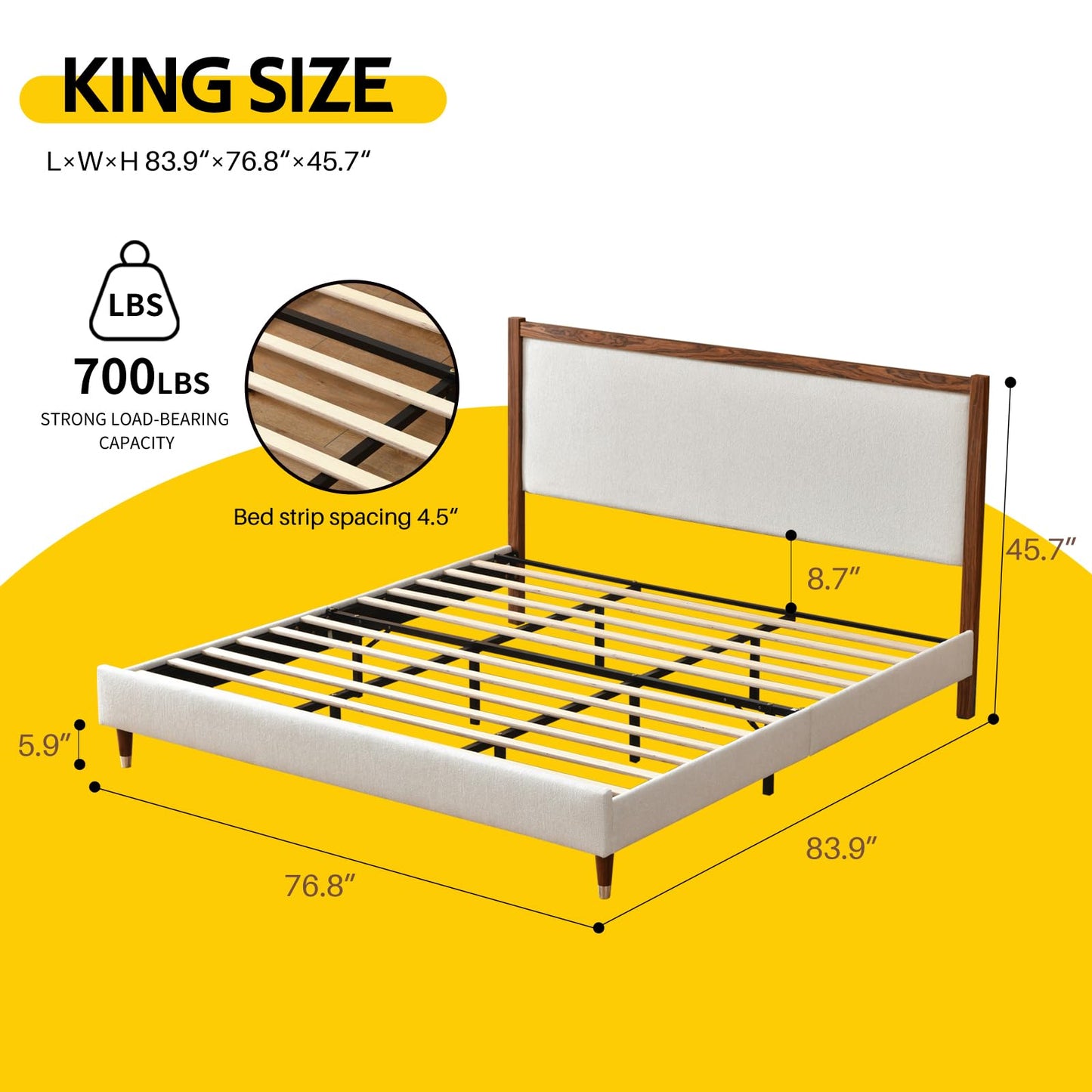 YUHUASHI King Upholstered Platform Bed Frame with Solid Wood Trim Headboard, Linen Fabric Upholstery, Sturdy Slat Support No Box Spring Needed, Easy Assembly (Cream, King (U.S. Standard))