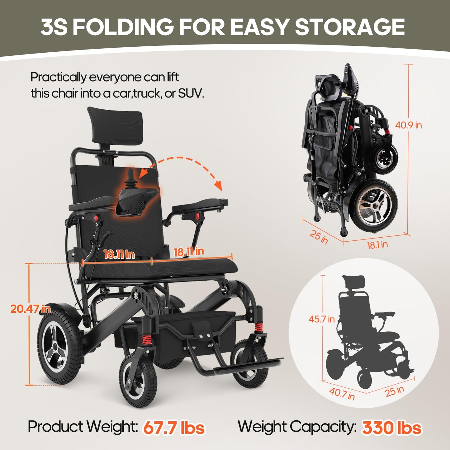 Reclining Electric Wheelchair for Adults Foldable Power Motorized Wheelchair Reclining Backrest All Terrain Electric Wheelchair for Seniors Portable Airline Approved Black