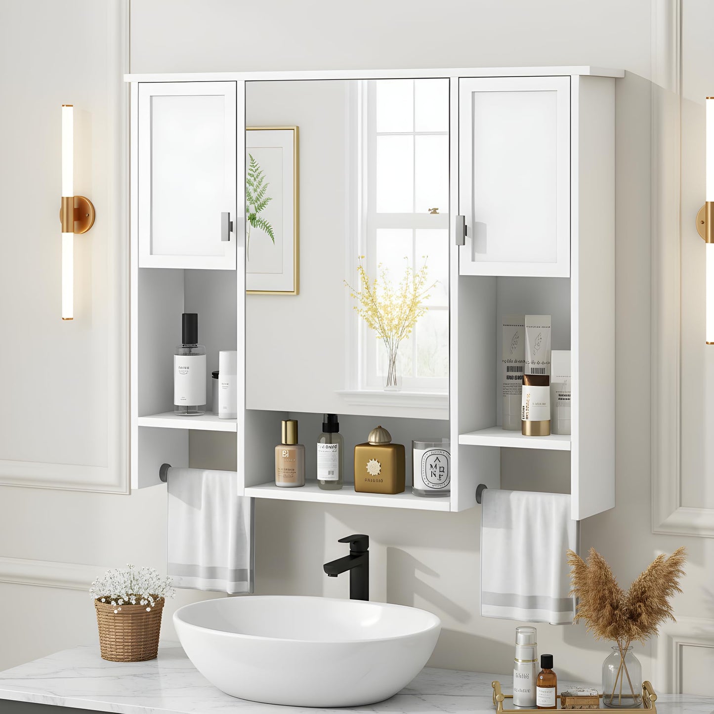 Merax Medicine Cabinet with Mirror, Wall Mount Bathroom Cabinet 35" x 28" Over Toilet Storage Cabinet Organizer with Doors, Open Shelves, and Towel Bars, Mirrored Bathroom Wall Cabinet