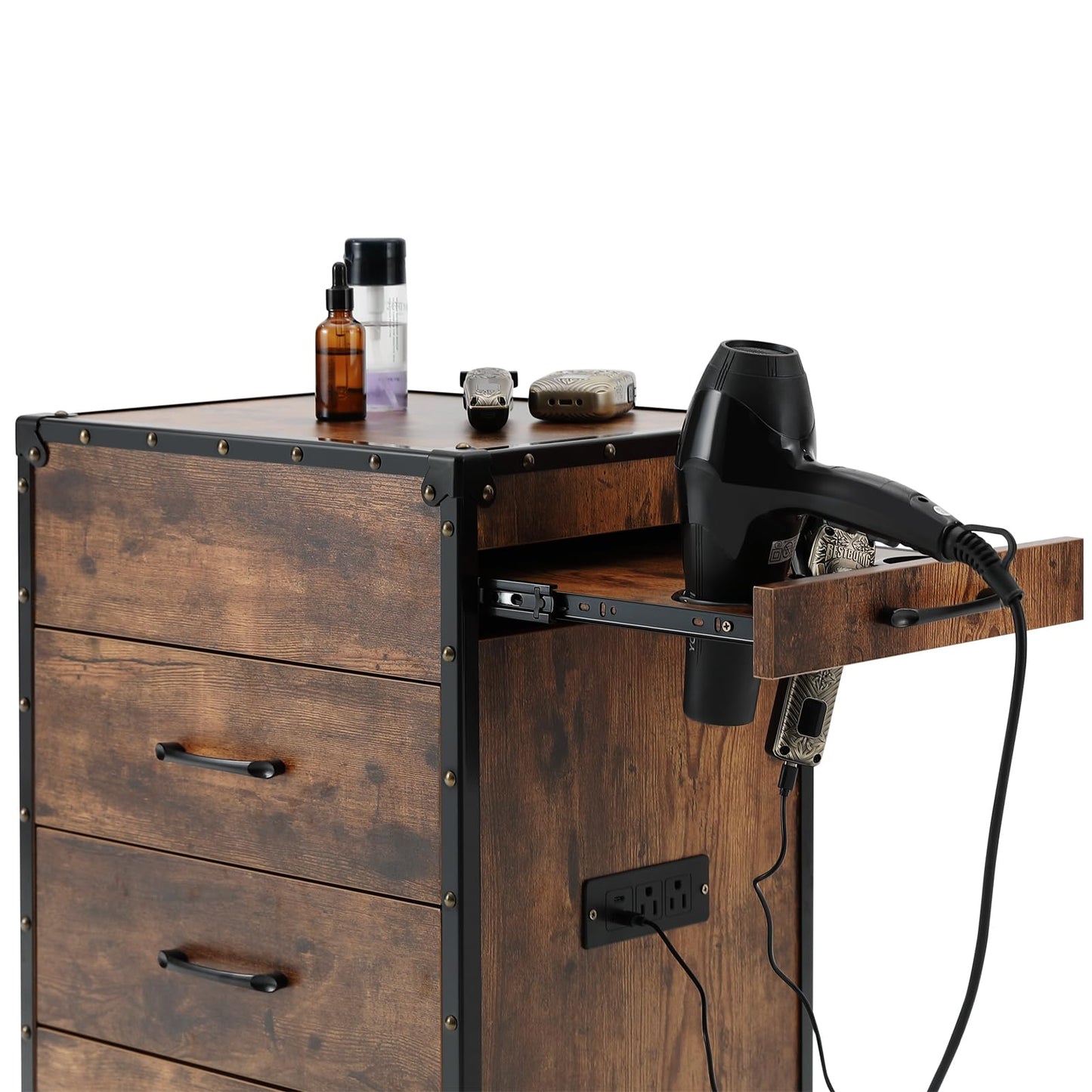 Artist hand Salon Trolley Cart with Wheels Barber Station with Drawers,Power Outlets,Hair Dryer Holders, Hair Stylist Equipment Storage Cabinet for Barbershop Spa Studio