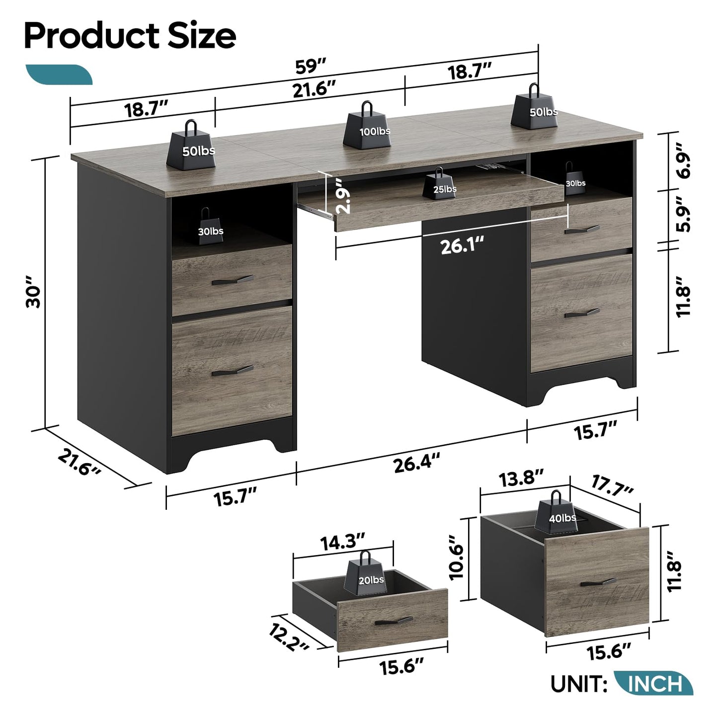 Bestier 59 Inch Office Desk with 4 Drawers, Computer Desk with Storage, Executive Desk with File Drawer, Keyboard Tray & 2 Pedestals on Both Sides for Home Office, Studio, Grey&Black