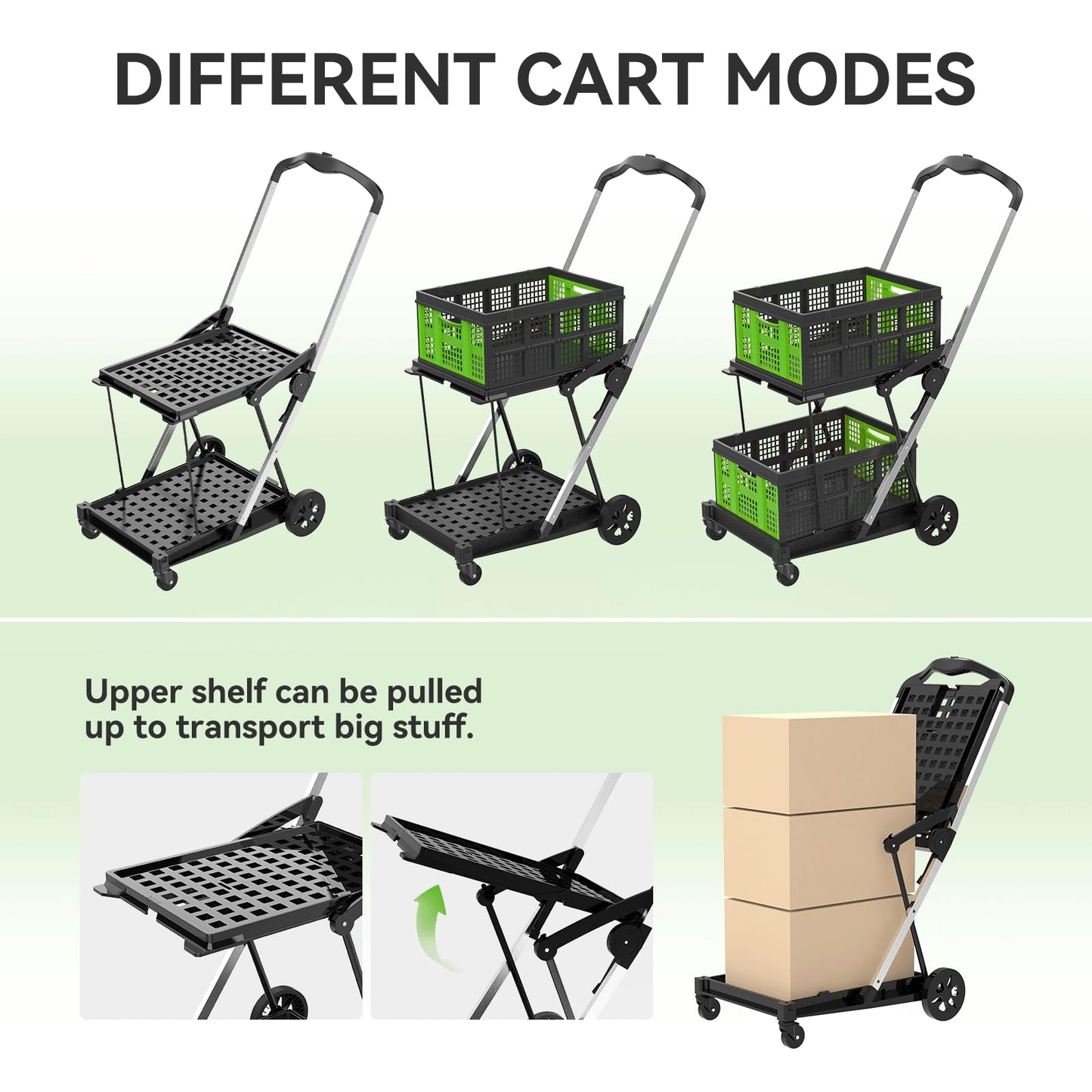 Collapsible Shopping Cart with Wheels,2 Tier Multi Use Foldable Shopping Cart with 2 Storage Crates,Folding Shopping Trolley Utility Cart for Office,Groceries, Warehouse,Supermarket,Picnic (Green)