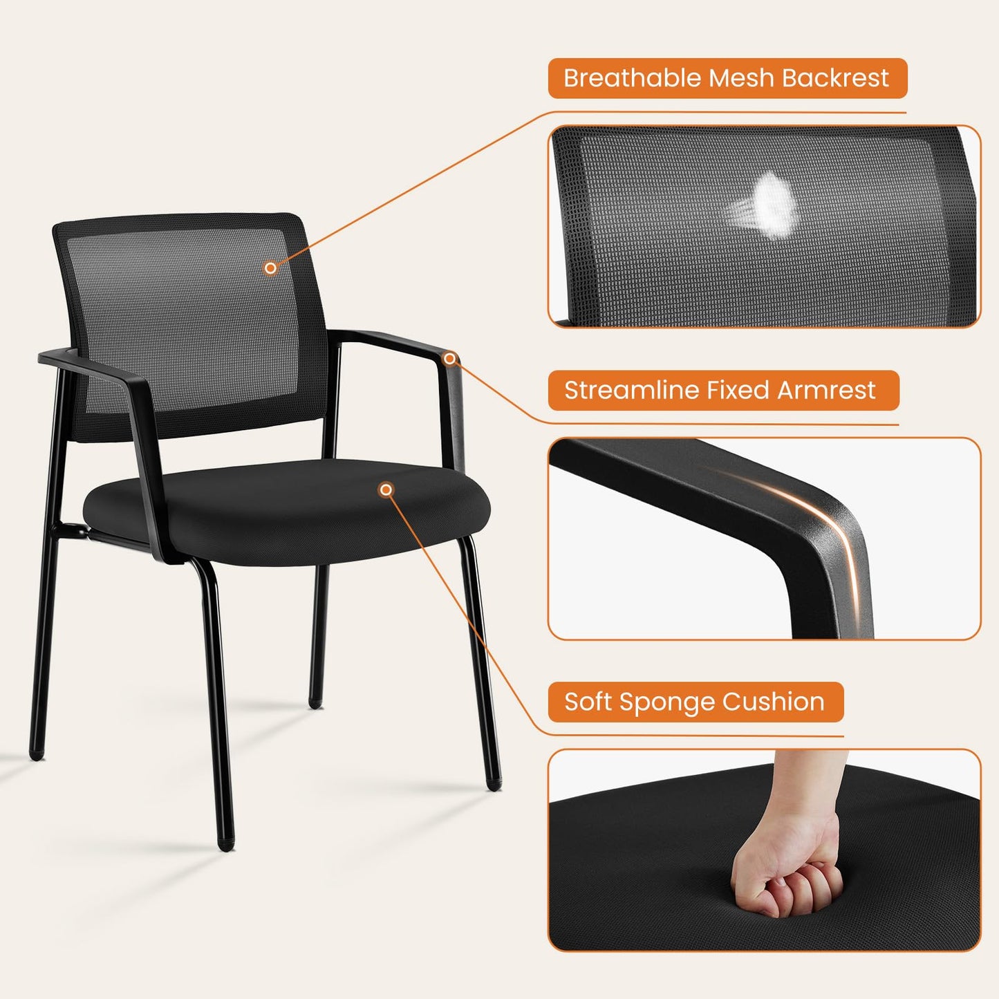 Sweetcrispy Mesh Back Stacking Arm Chairs, Upholstered Fabric Stacking Chairs, Sturdy Metal Office Chairs, Easy to Use and Store, Outdoor and Indoor, for Home, School, Party, Church, 4 Pack Black