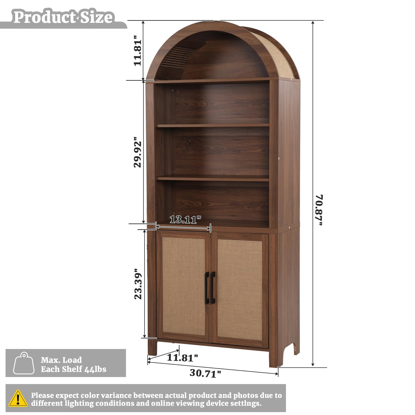 Janmer Home 71" Tall Arched Bookcase with Storage, Mid-Century Modern 6-Tier Cabinet with Door, Arched Bookshelf Cabinet with Open Display Storage Shelf for Office Living Room (Walnut)