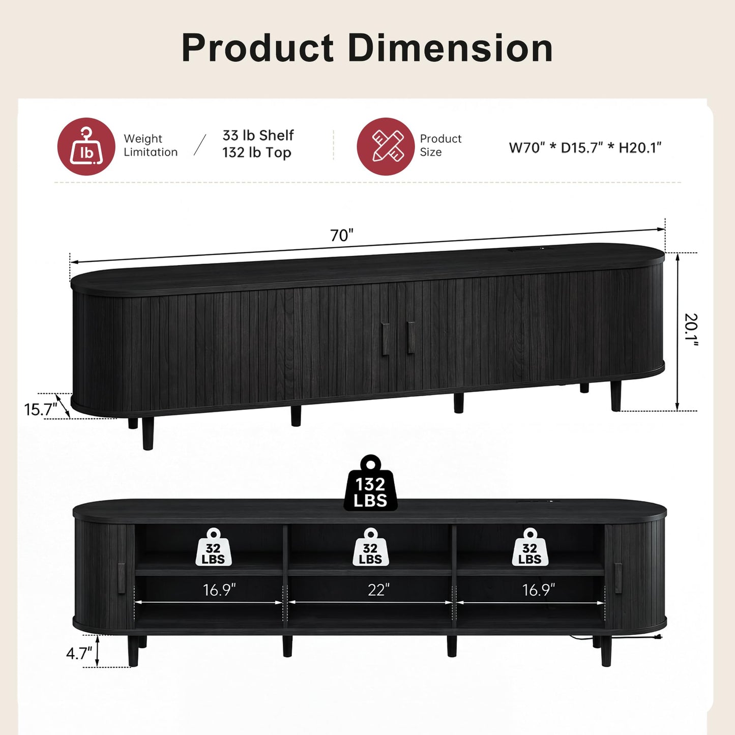 OneBlis 70" Mid Century Modern TV Stand, Wood TV Consoles with Sliding Doors and Power Outlet, Fluted Entertainment Center with Adjustable Shelves, Media Console for Living Room, Black