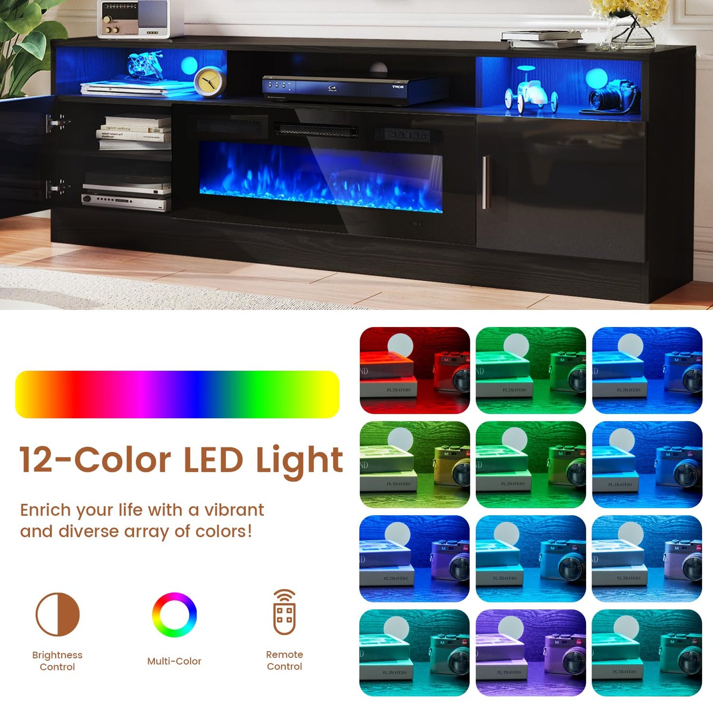 MXV 70" Fireplace TV Stand with Power Outlet for TVs UP to 80", Electric Fireplace Entertainment Center with LED Lights & Storage Cabinets, TV Console for Living Room, Office, Black-Black