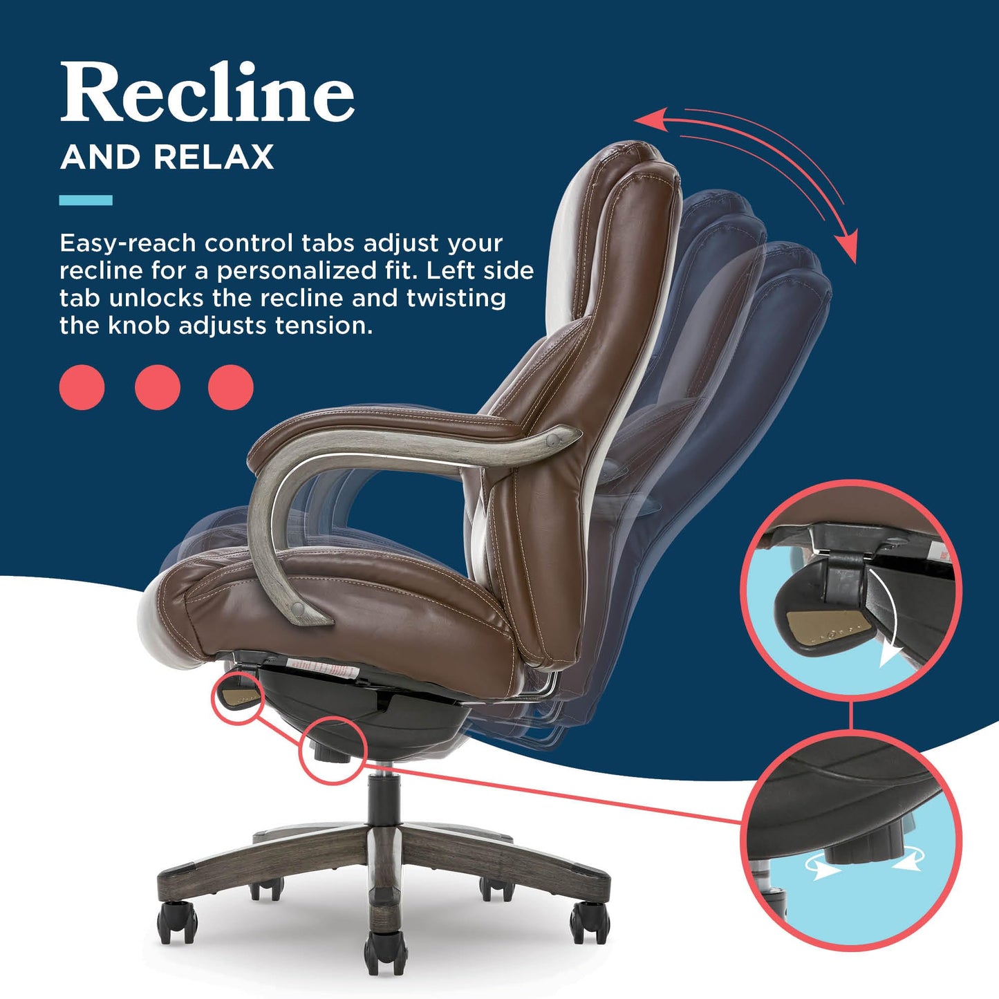 La-Z-Boy Delano Big and Tall Executive Office Chair - Ergonomic Lumbar Support Memory Foam - Bonded Leather Desk Chair for Home Office - Weathered Gray Wood Arms - Brown