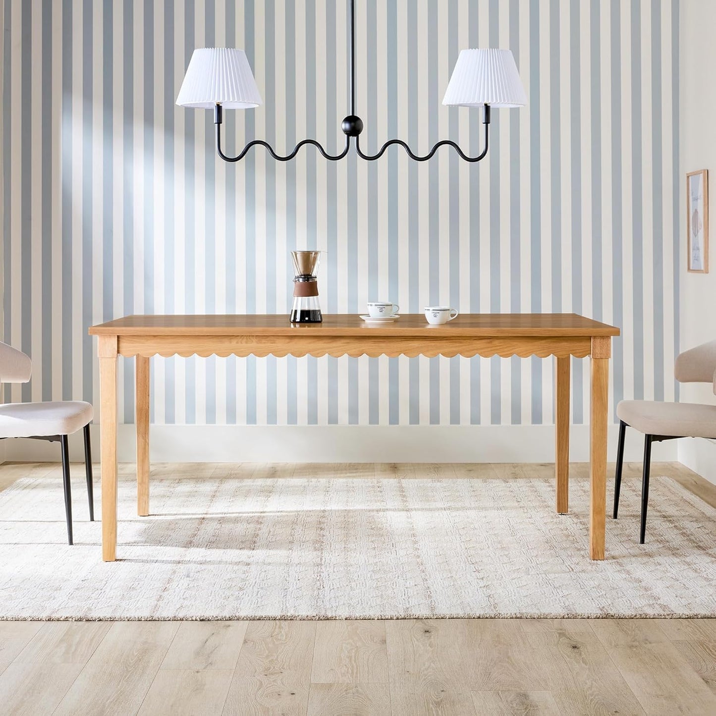 Walker Edison Paisley Modern Solid Oak Wood Veneer Scalloped 69 Inch Dining Table for 6, White Oak