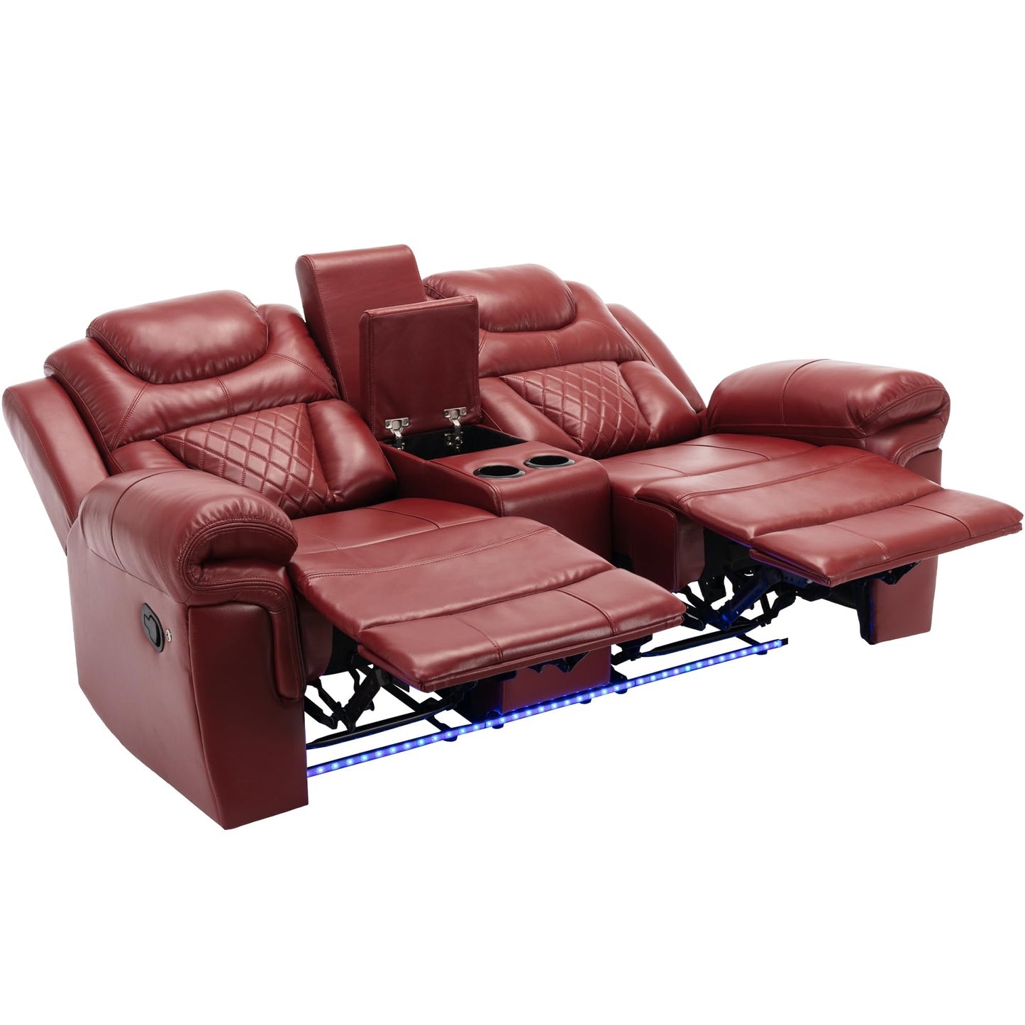 Ball & Cast 73" Home Theater Seating Manual Recliner Loveseat with LED Light Strip,Luxury Leather Couch W/Cup Holder & Hiden Storage,Lazy Adjustable Chair for LivingRoom Movie Night Enjoyment,WindRed