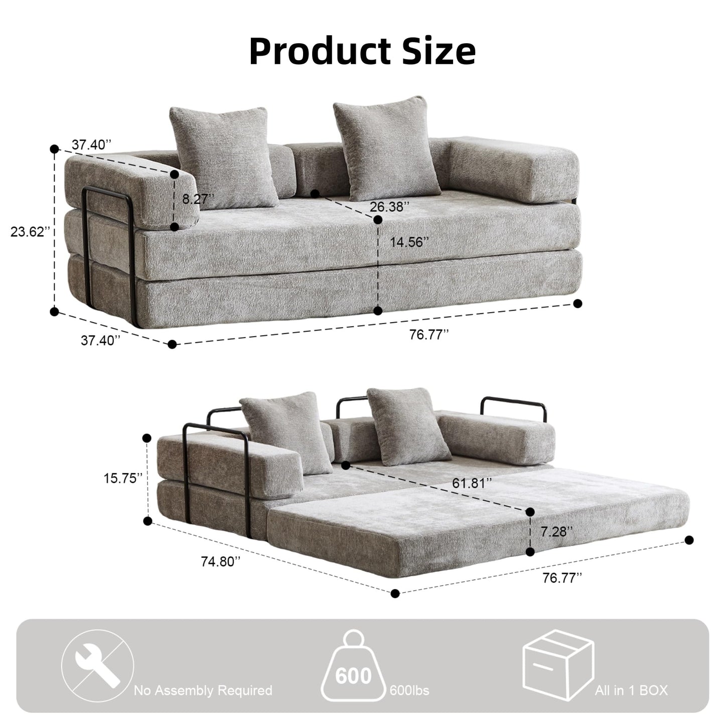 Trygoal 78”Convertible Sofa Bed, 4-in-1 Futon Boneless Couch with Armrest & Pillows, Compressed Chenille Folding Sleeper Bed for Living Room, Guest Room and Dorm, Light Grey