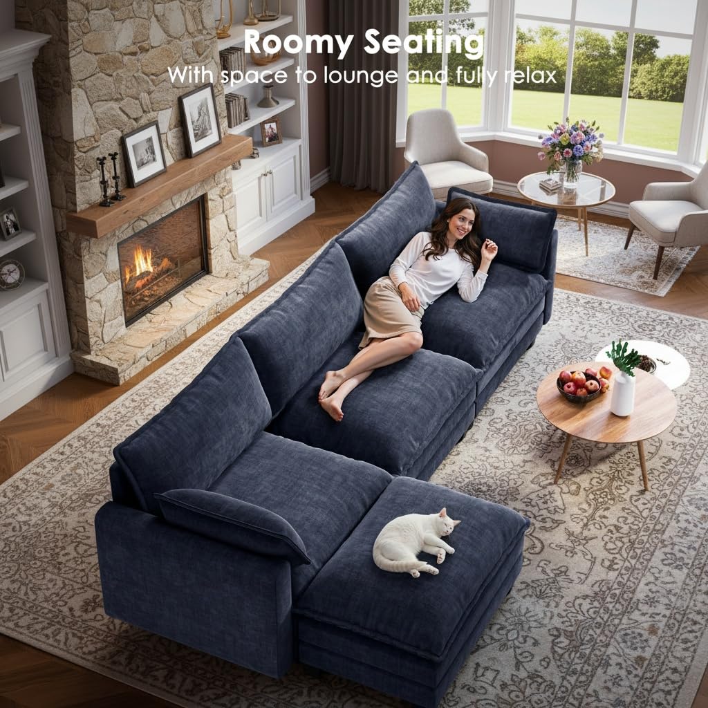 Marsail Modular Sectional Sofa 110.6" U-Shaped Modern Comfy Cloud Couch, 5-Seat Chenille Deep Seat Sofa with Throw Pillow & Movable Ottoman for Living Room, Bedroom and Apartment, Navy Blue