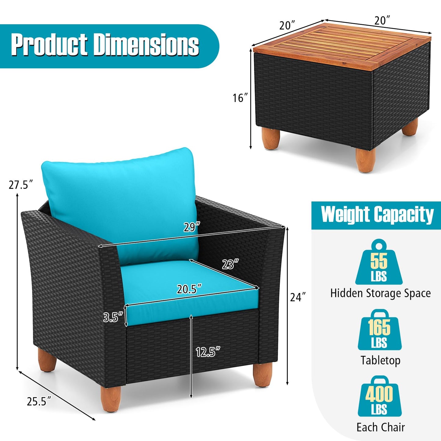 Tangkula 3 Pieces Patio Porch Furniture Set, PE Rattan Wicker Chair Conversation Set with Cushions and Storage Table, Outdoor Acacia Wood Bistro Set for Garden, Poolside (Turquoise)