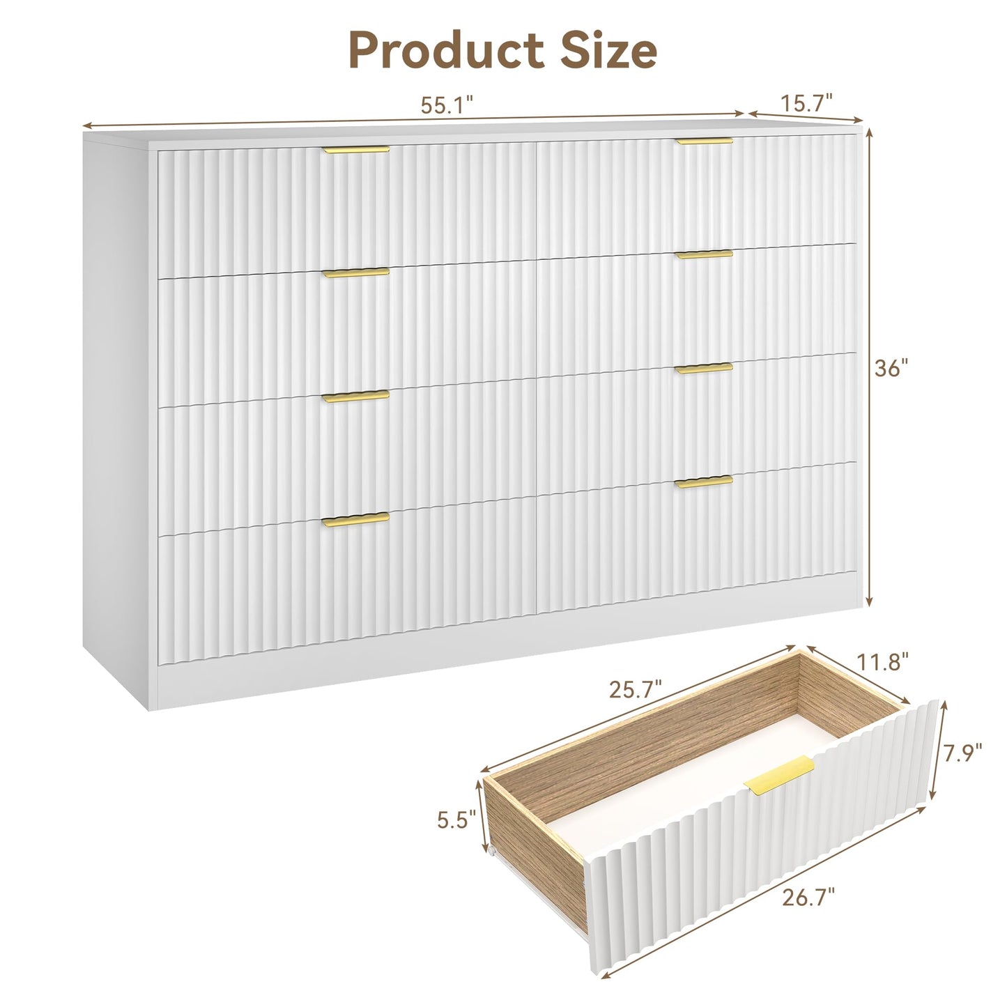 RESOM White 8 Drawer Dresser for Bedroom, 55" Wide Fluted Chest of Drawers with Gold Metal Handles, Modern Wooden Dresser, Closet Storage Organizer Mid Century TV Stand for Living Room Hallway