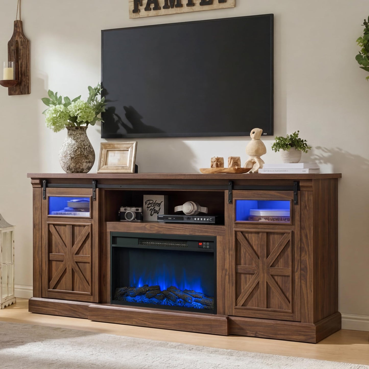 Unineo Fireplace TV Stand for up to 80 Inch TVs, 32’’ Tall LED Entertainment Center with Electric Fireplace, Farmhouse TV Console Table w/Sliding Barn Door & Window for Living Room, Brown