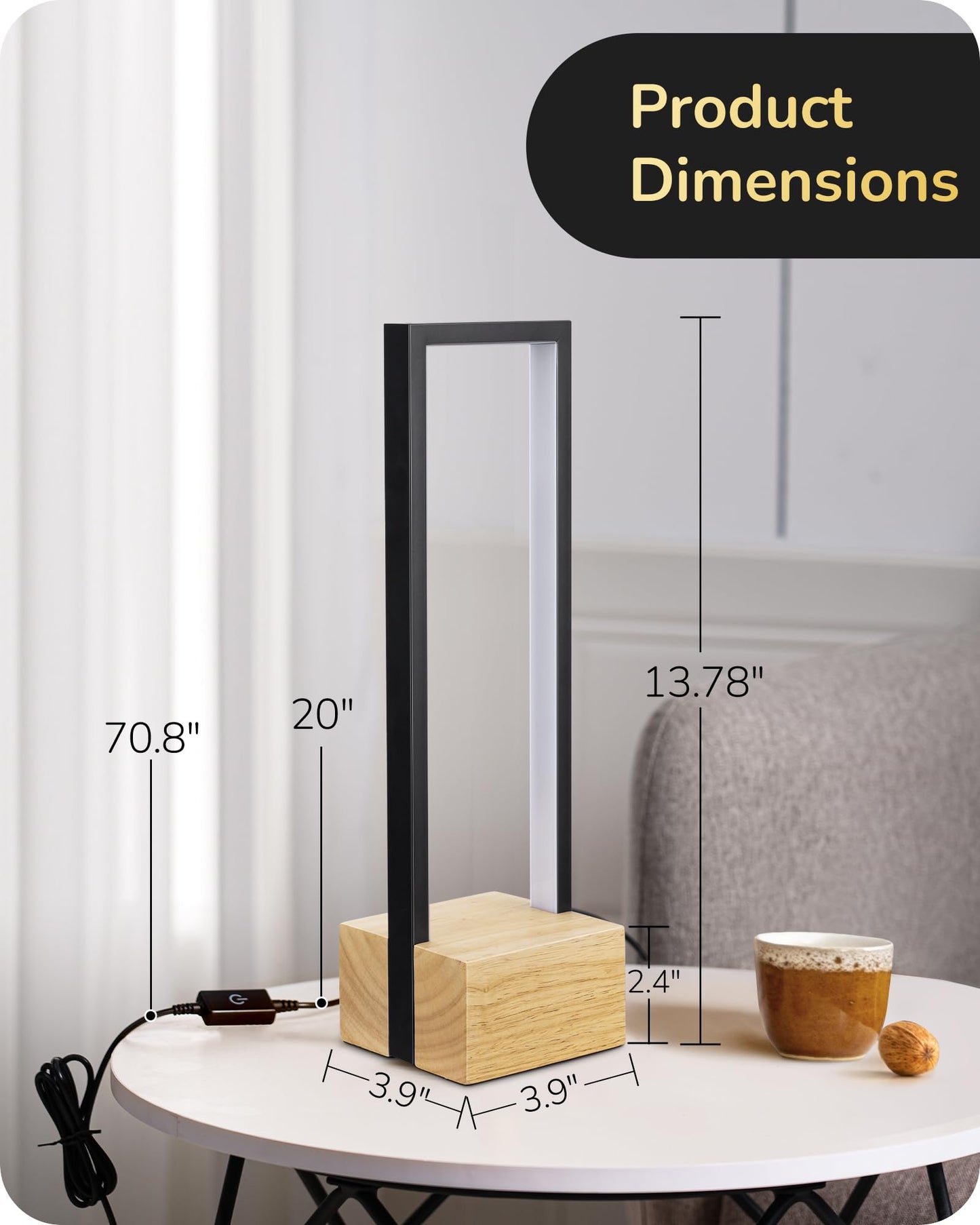 EDISHINE Modern Table Lamp, Dimmable LED, 3 Color Temps, 14.6inx4.7inx4.7in, Black Frame & Solid Wood Base, Model HLTL02