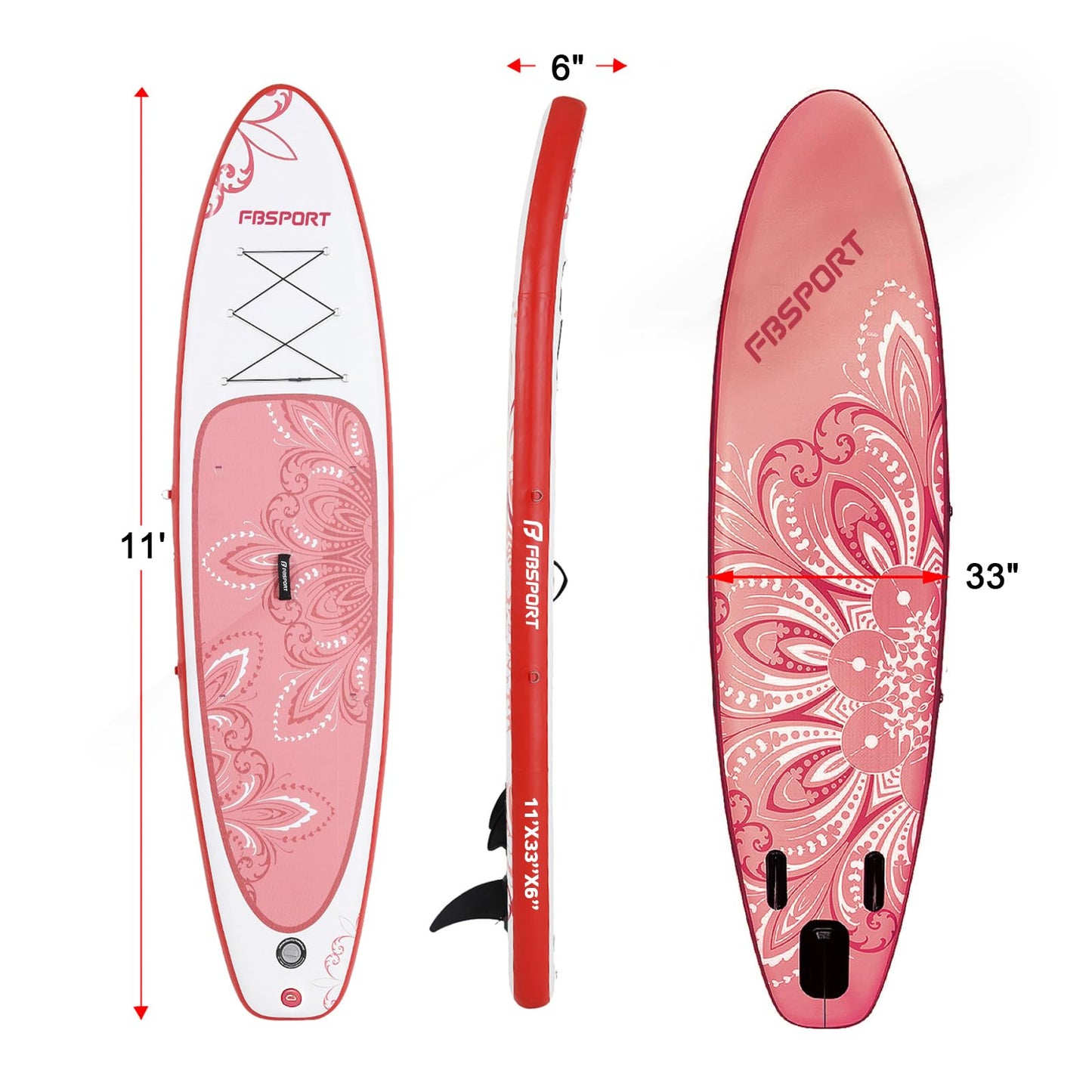 FBSPORT 11' Premium Stand Up Paddle Board, Yoga Board with SUP Accessories & Carry Bag | Wide Stance, Surf Control, Non-Slip Deck, Leash, Paddle and Pump for Youth & Adult (PinkWhite)